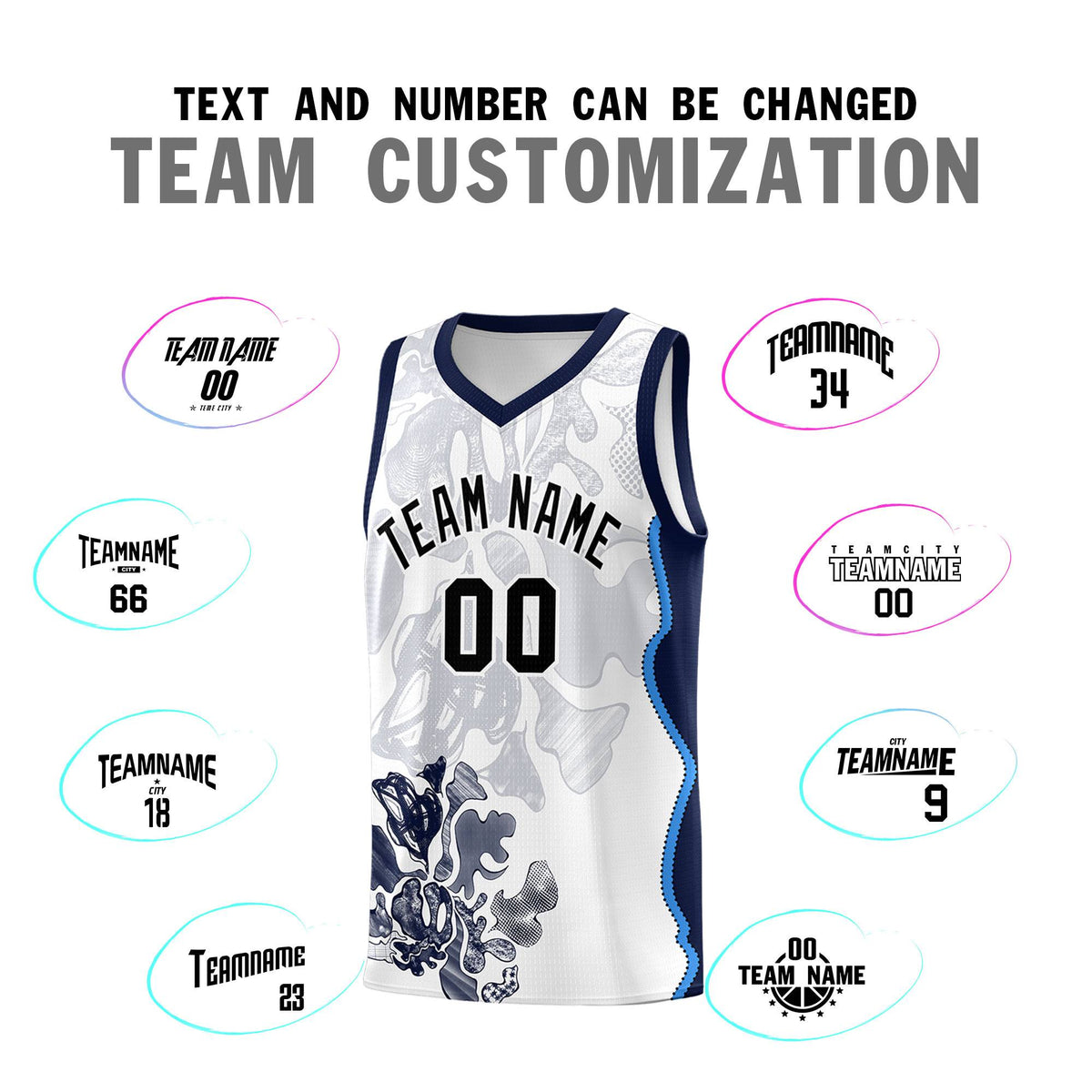 Custom White Navy Basketball Jersey - Illusion Flower Graffiti Breathable Fabric