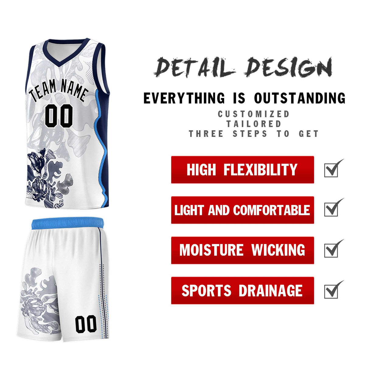 Custom White Navy Basketball Jersey - Illusion Flower Graffiti Breathable Fabric