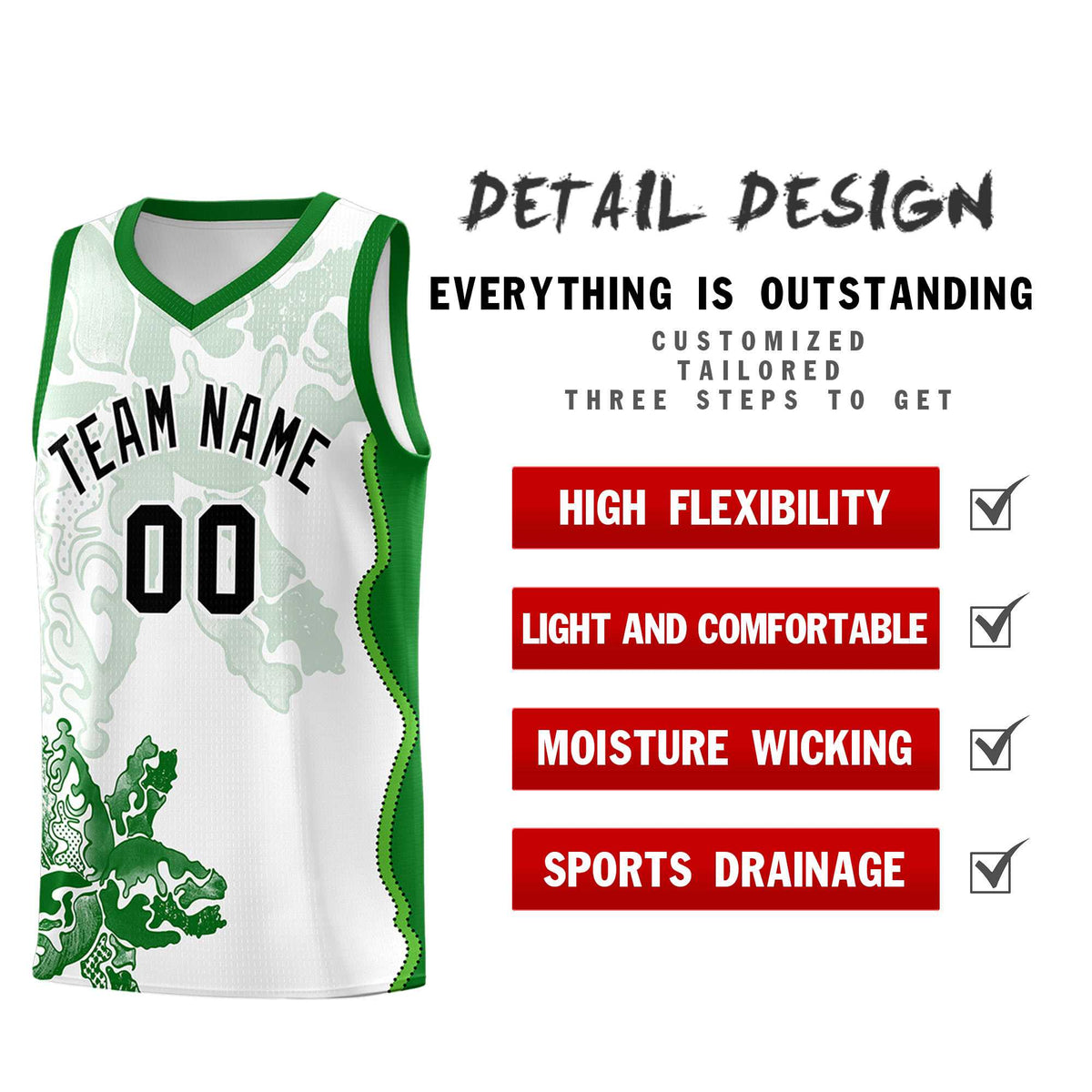 Custom White Kelly Green Basketball Jersey - Illusion Flower Graffiti Moisture wicking Fabric
