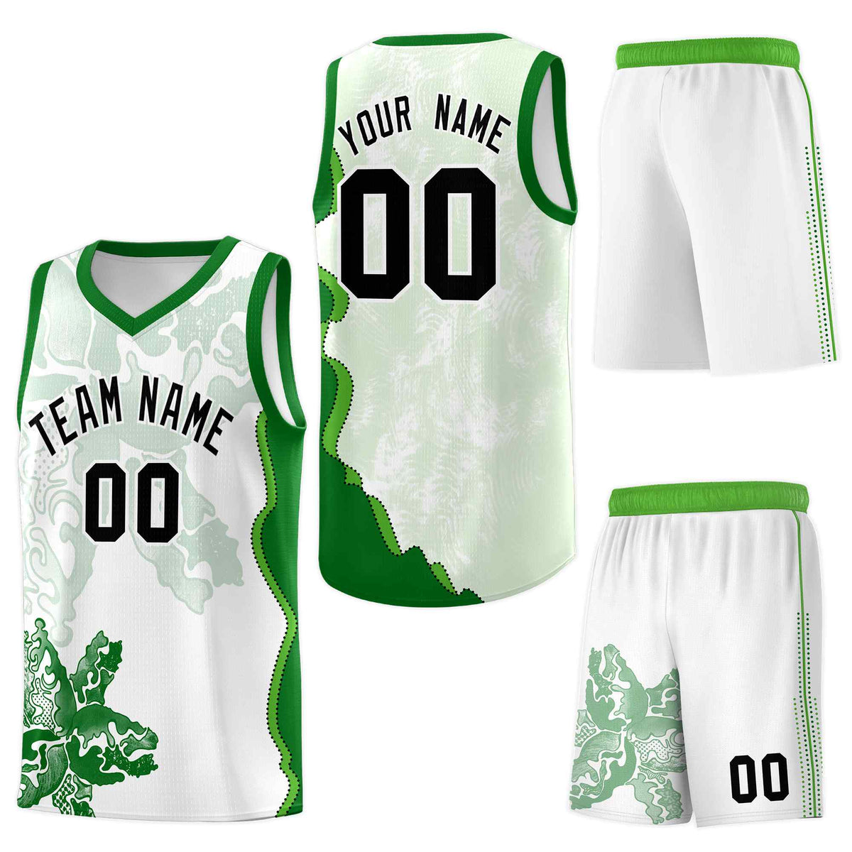 Custom White Kelly Green Basketball Jersey - Illusion Flower Graffiti Lightweight