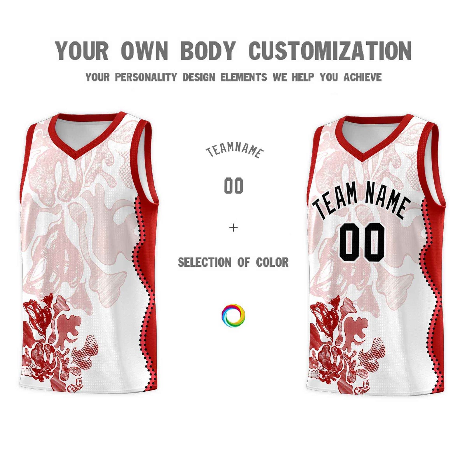 Custom White Red Basketball Jersey - Illusion Flower Graffiti Stretchy Fabric