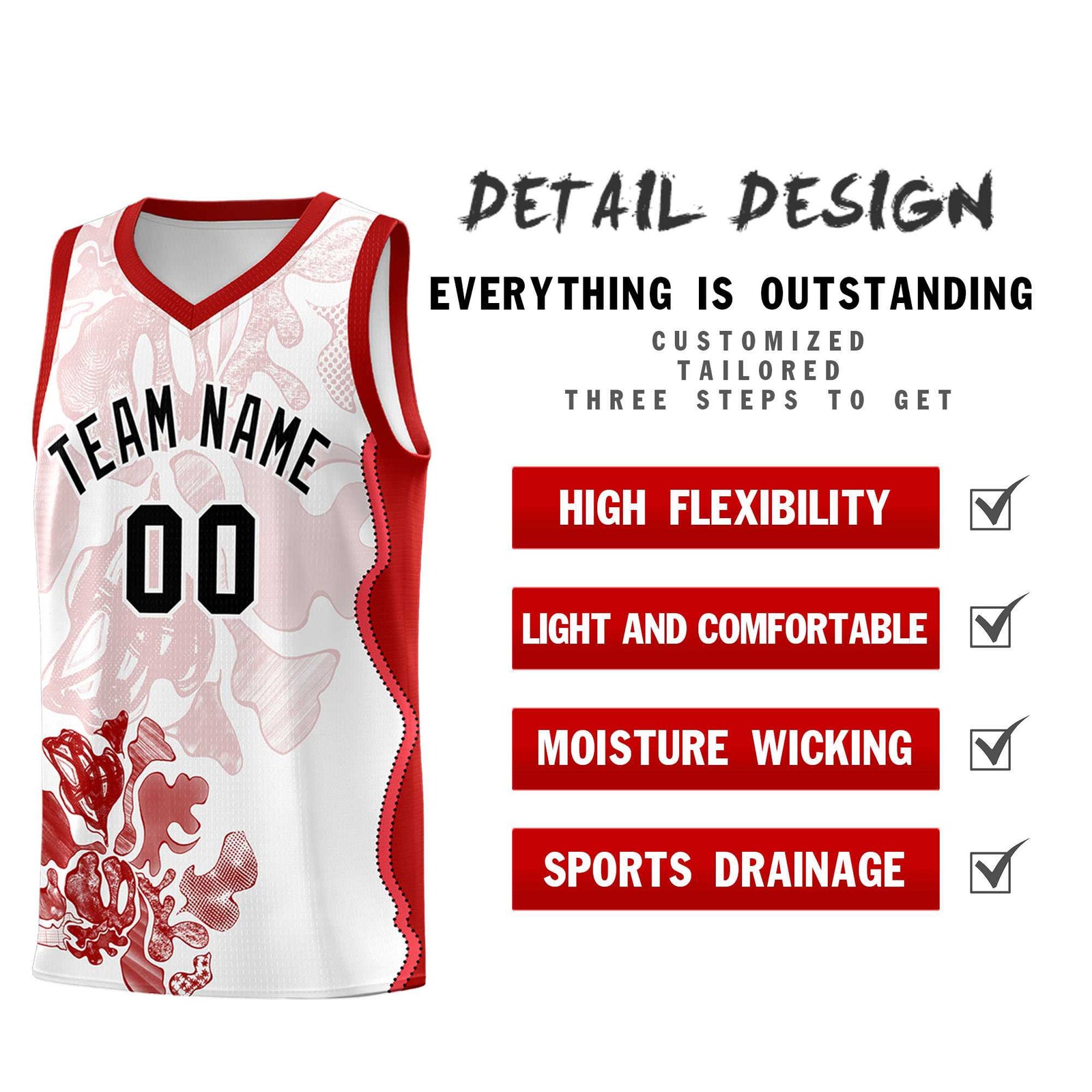 Custom White Red Basketball Jersey - Illusion Flower Graffiti Stretchy Fabric
