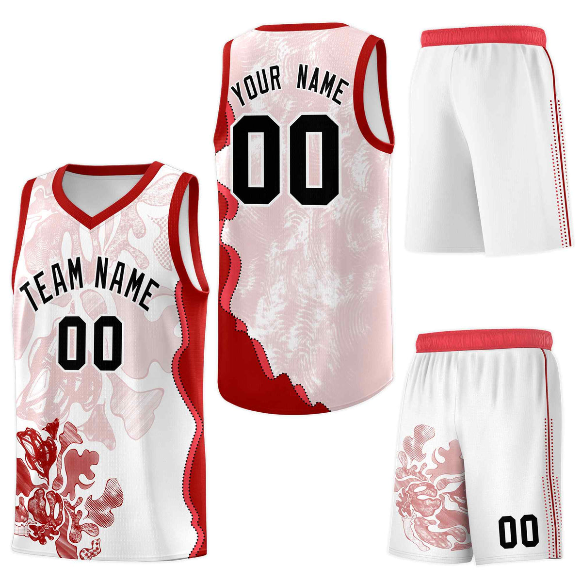 Custom White Red Basketball Jersey - Illusion Flower Graffiti Drapable
