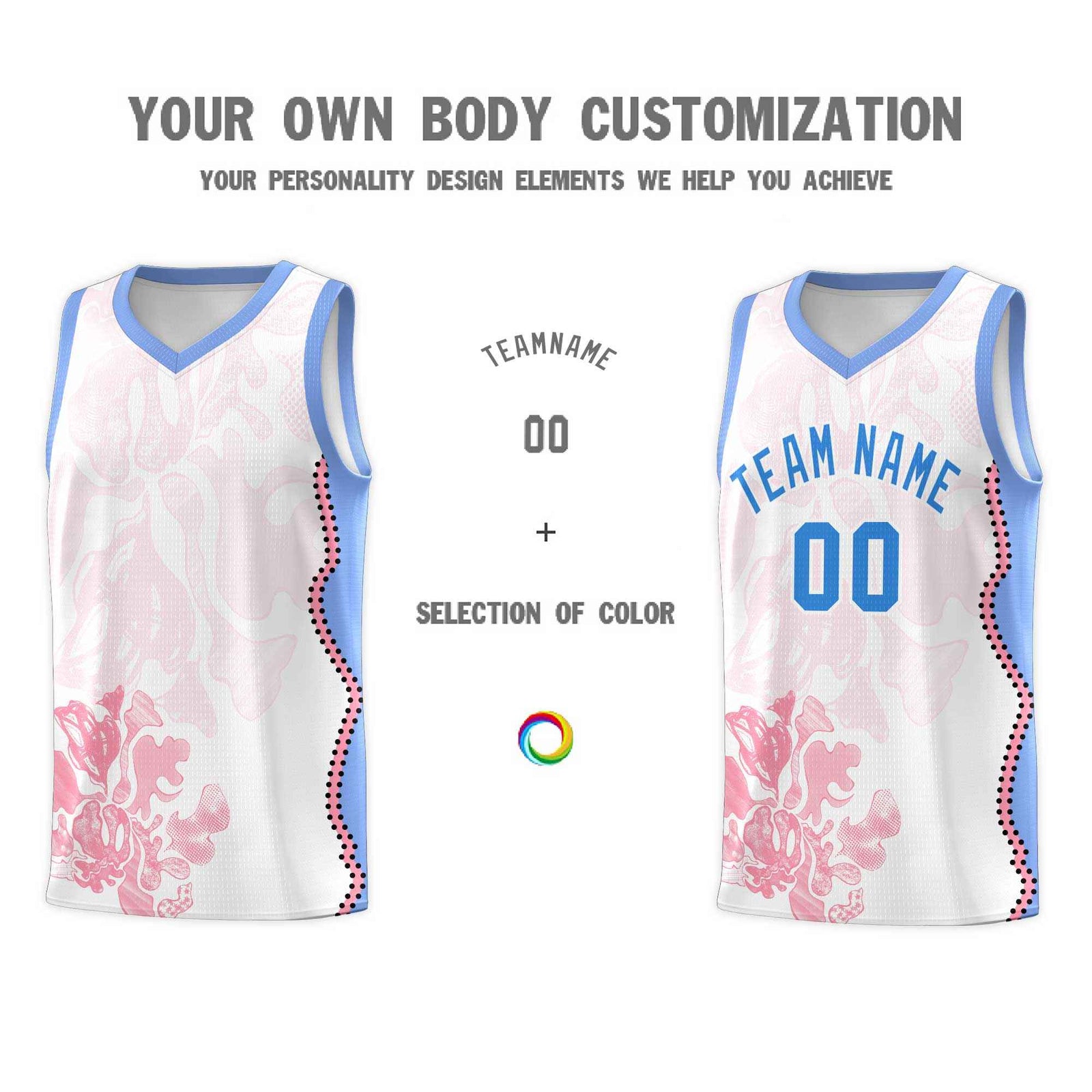 Custom White Light Blue Basketball Jersey - Illusion Flower Graffiti Durable Fabric