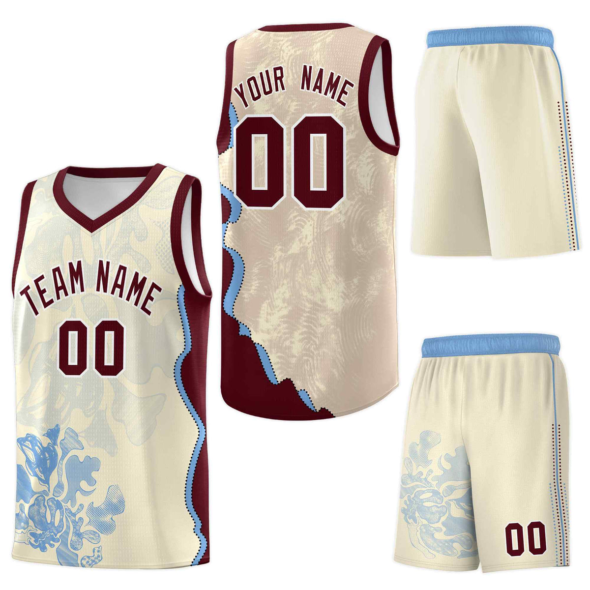 Custom Cream Burgundy Basketball Jersey - Illusion Flower Graffiti Sublimation Printing