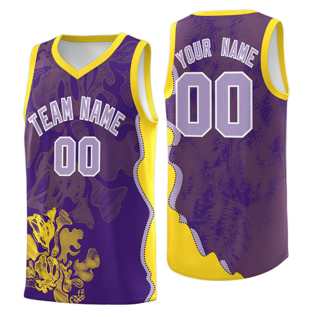 Custom Purple Gold Basketball Jersey - Illusion Flower Graffiti Breathable mesh Fabric