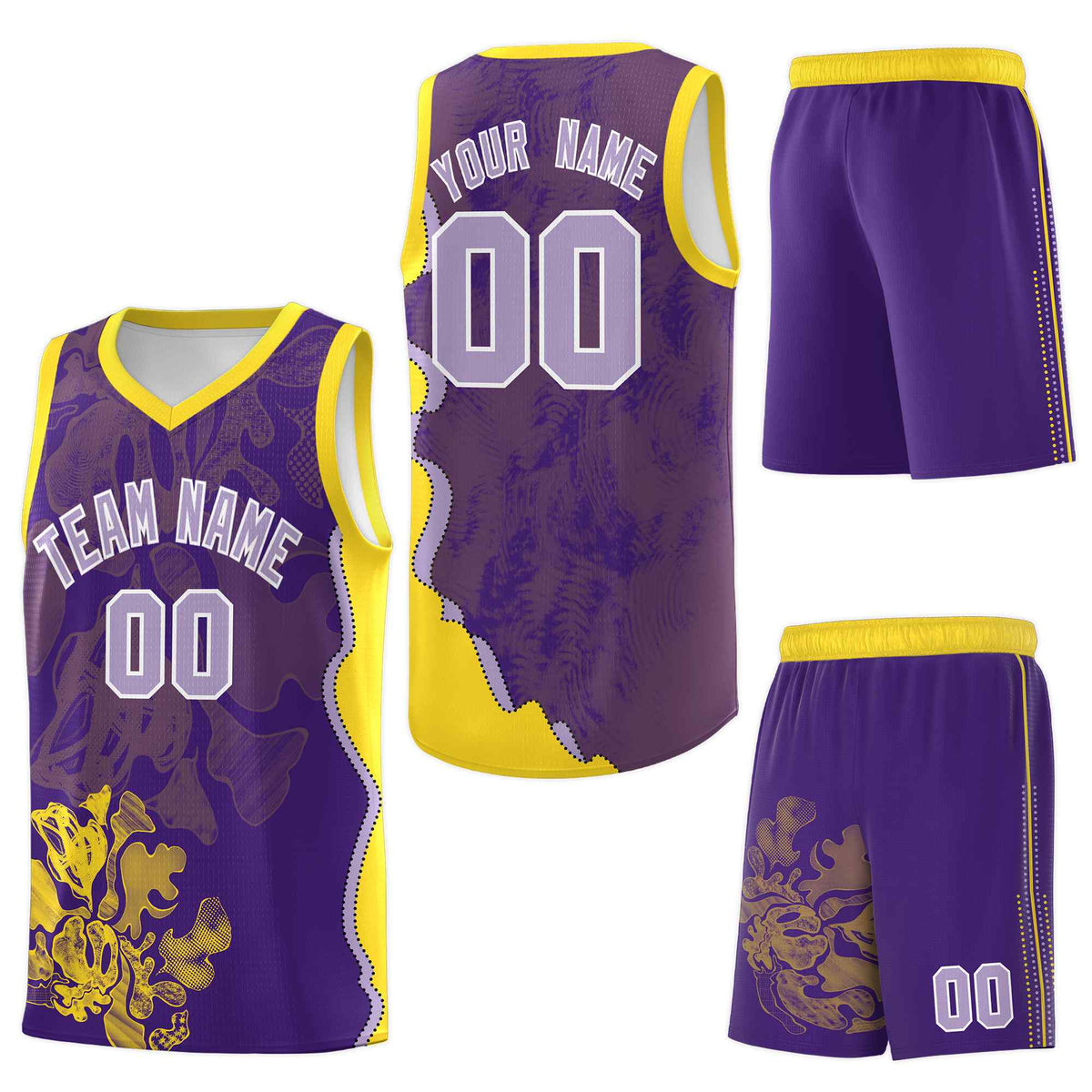 Custom Purple Gold Basketball Jersey - Illusion Flower Graffiti Quick-Drying