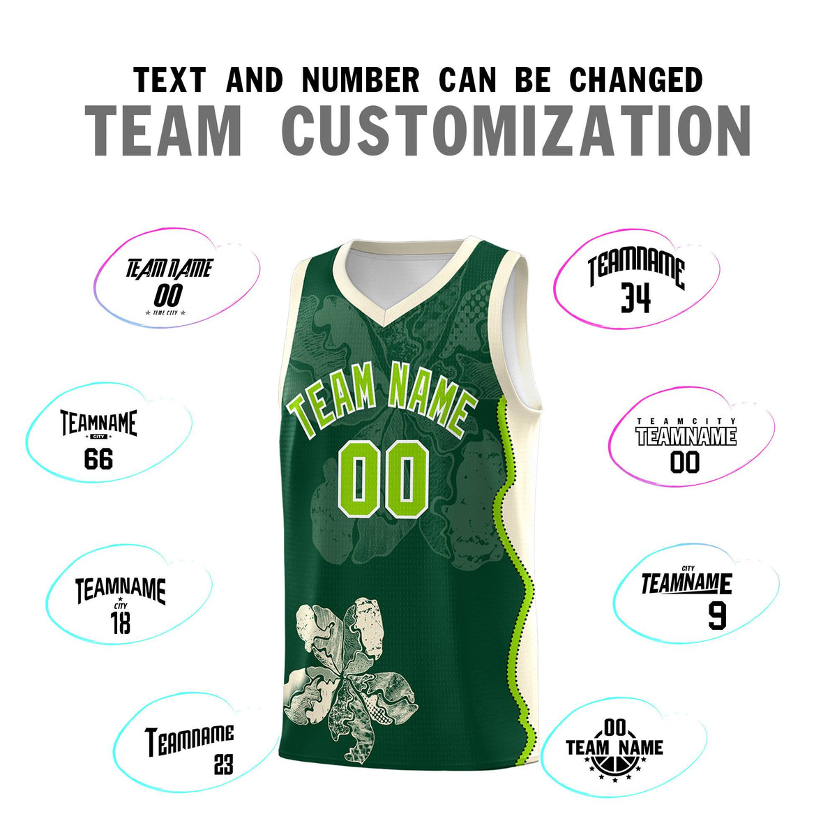 Custom Green Cream Basketball Jersey - Illusion Flower Graffiti Breathable Fabric