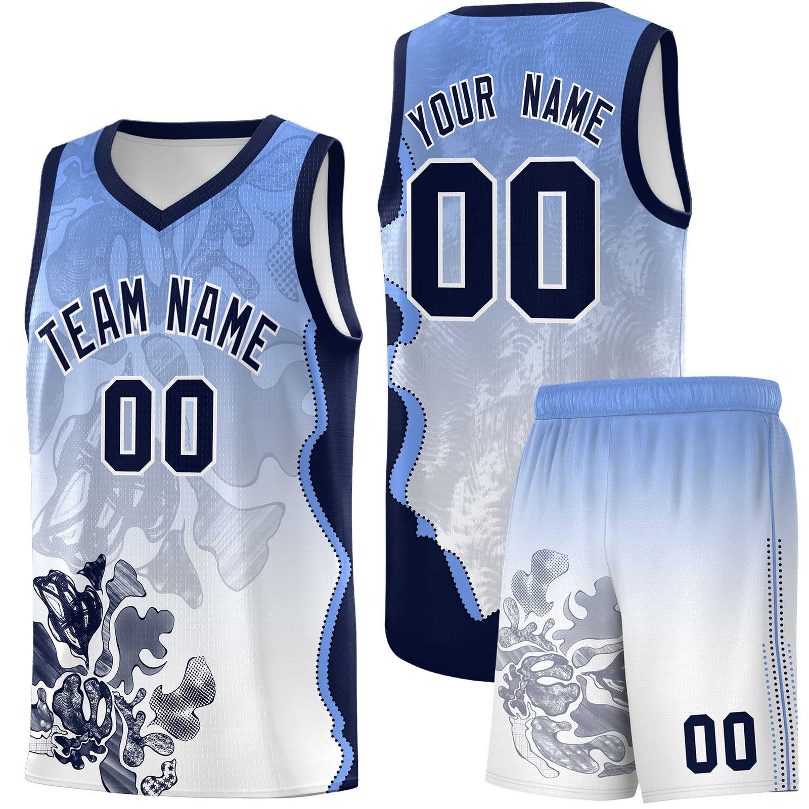 Custom White Navy Basketball Jersey - Illusion Flower Gradient Moisture wicking Fabric