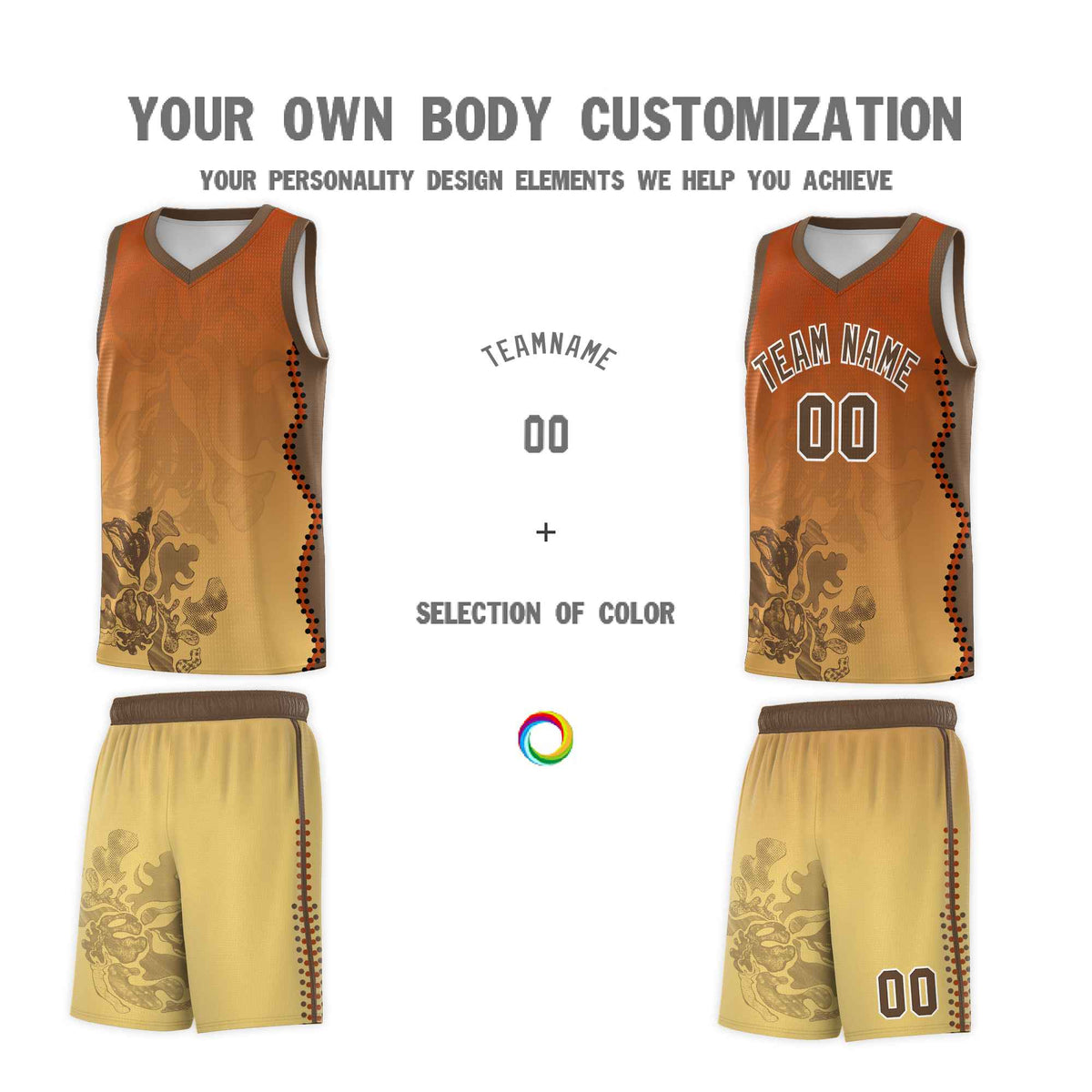 Custom Khaki Dark Orange Basketball Jersey - Illusion Flower Gradient Quick dry Fabric