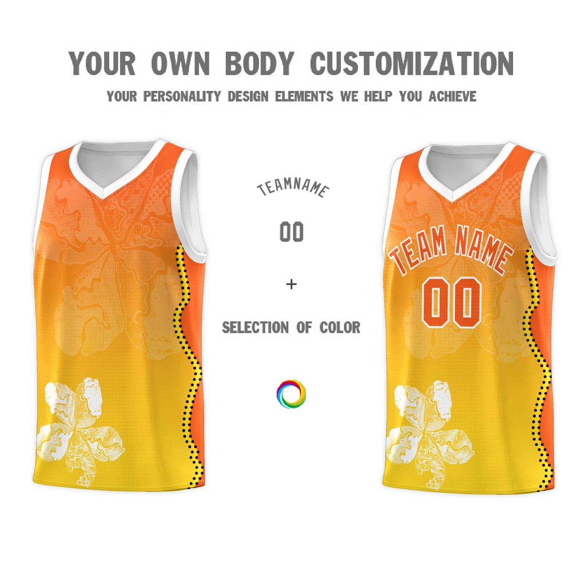 Custom Gold Orange Basketball Jersey - Illusion Flower Gradient Unique Fabric
