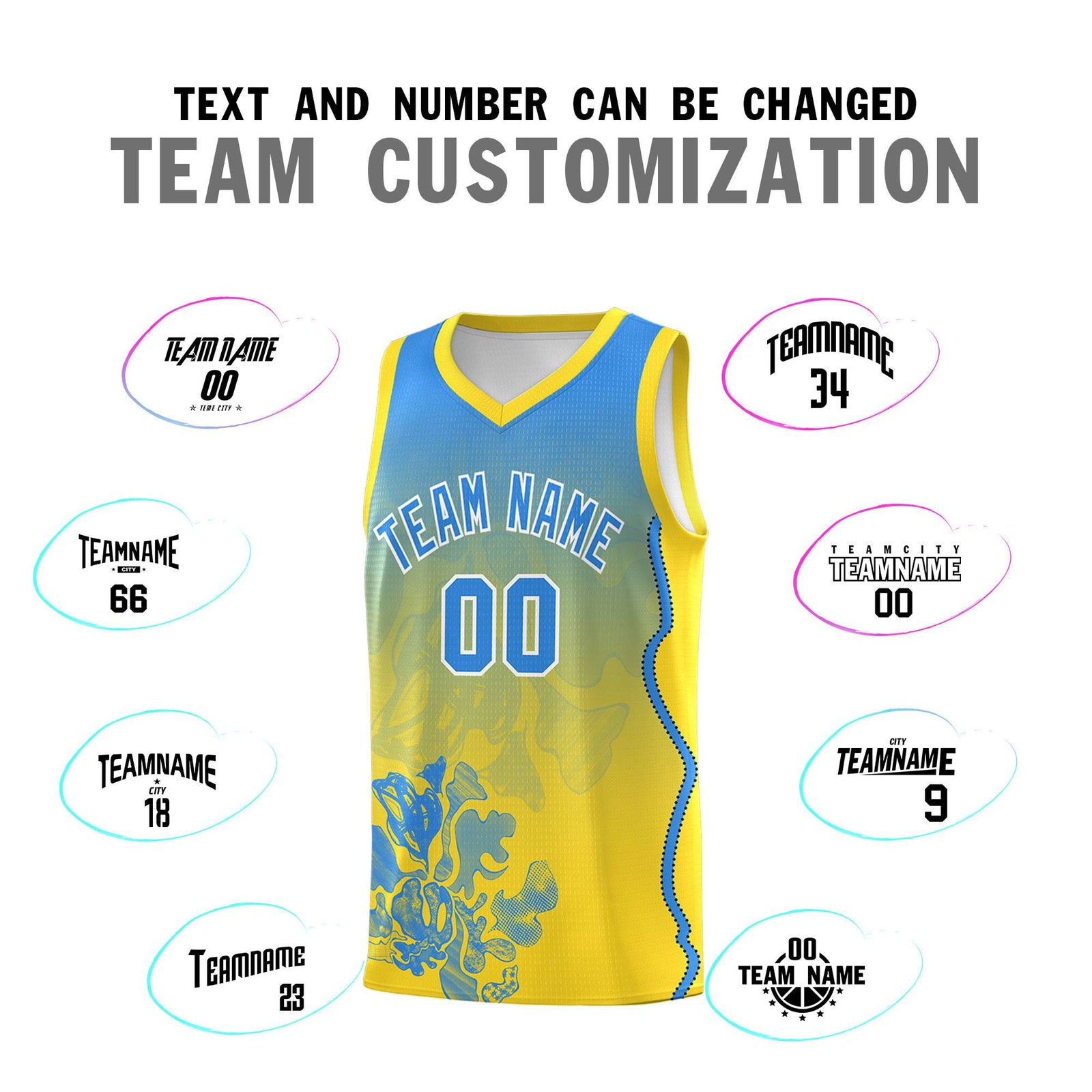 Custom Gold Light Blue Basketball Jersey - Illusion Flower Gradient Breathable Fabric