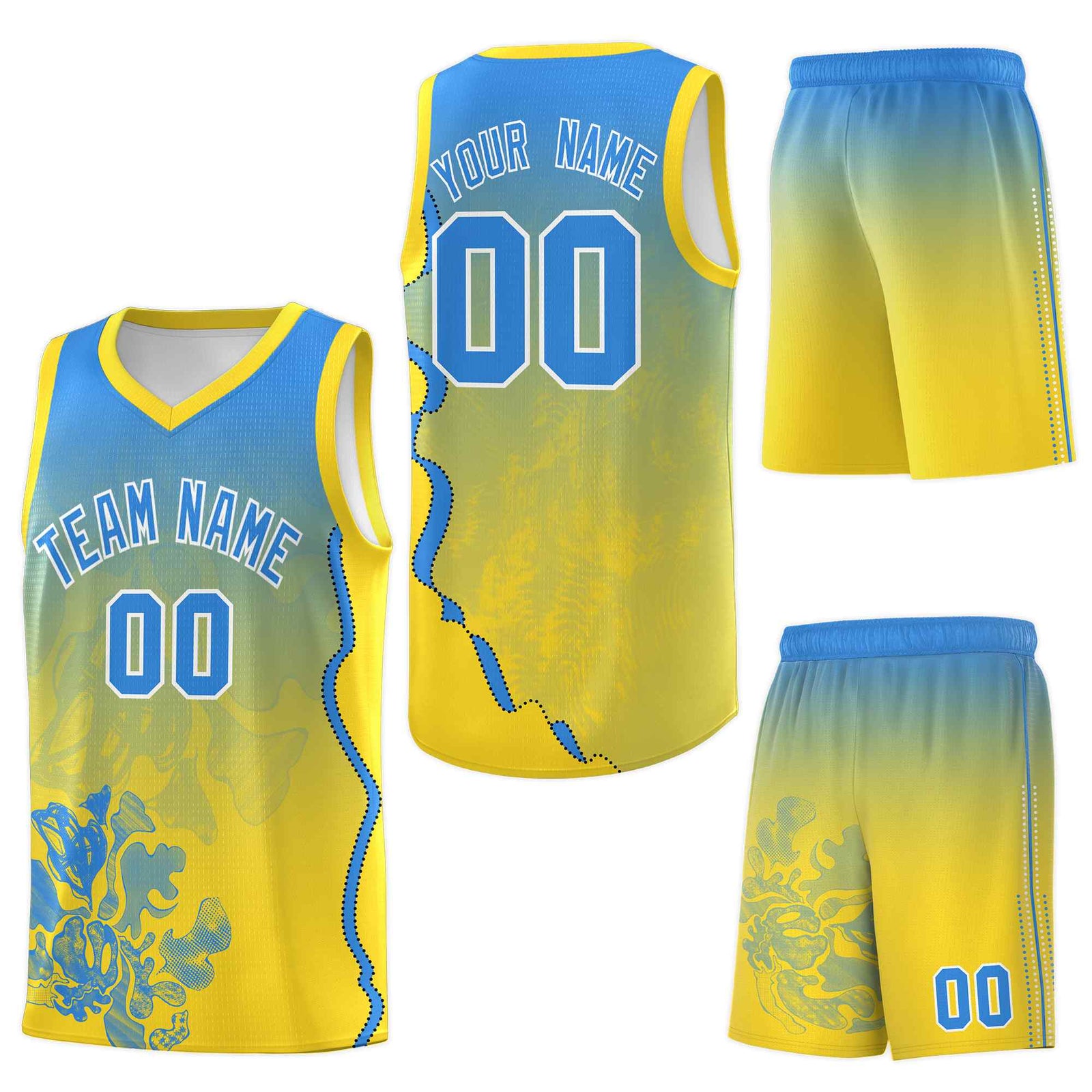 Custom Gold Light Blue Basketball Jersey - Illusion Flower Gradient Moisture-Wicking