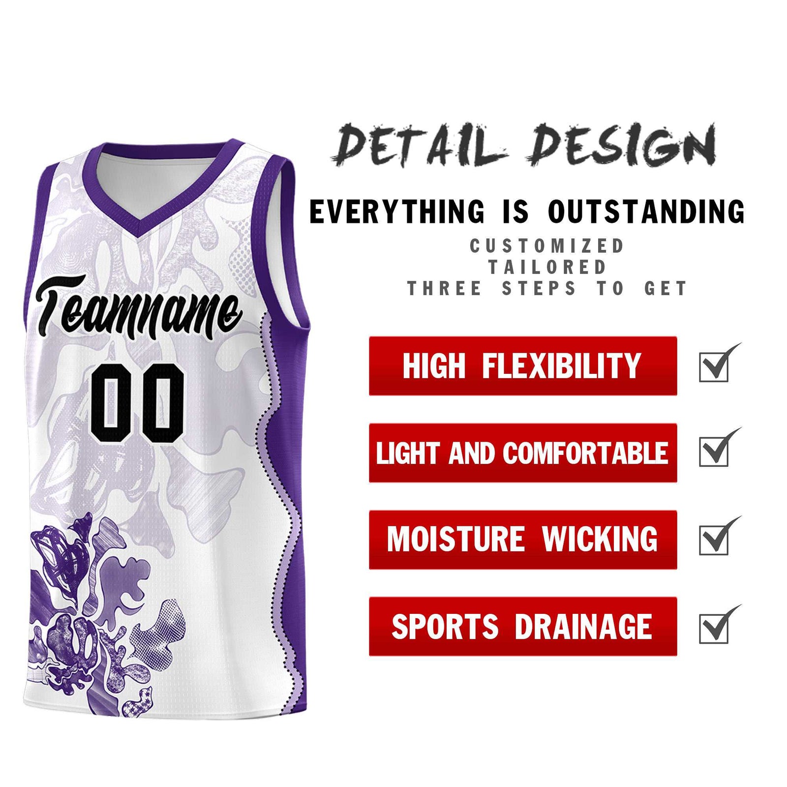 Custom White Purple Basketball Jersey - Illusion Flower Graffiti Moisture-wicking Fabric