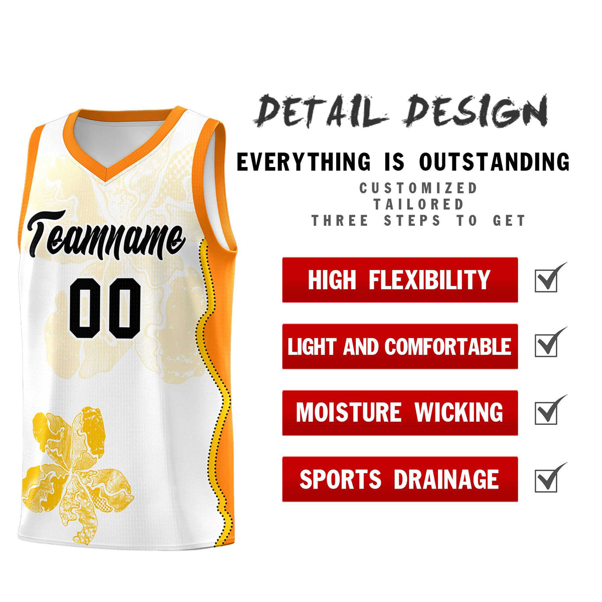 Custom White Orange Basketball Jersey - Illusion Flower Graffiti Durable Fabric