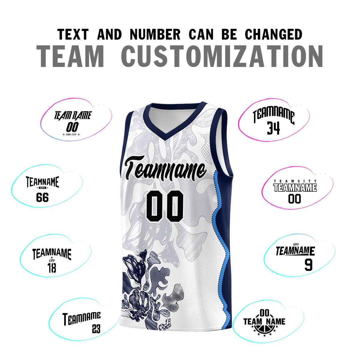 Custom White Navy Basketball Jersey - Illusion Flower Graffiti Breathable Fabric