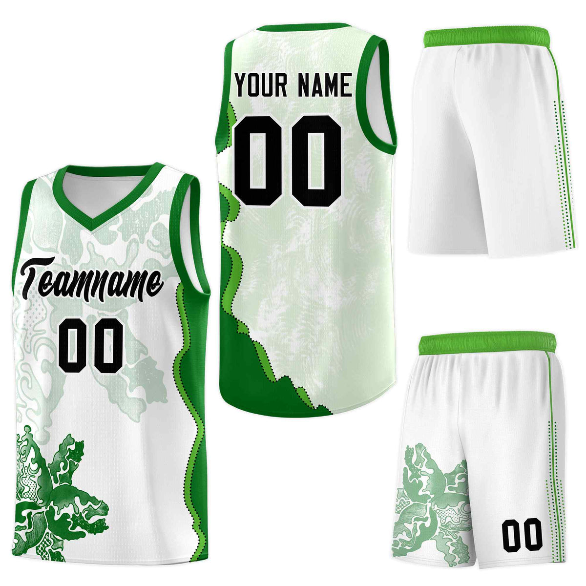 Custom White Kelly Green Basketball Jersey - Illusion Flower Graffiti Lightweight