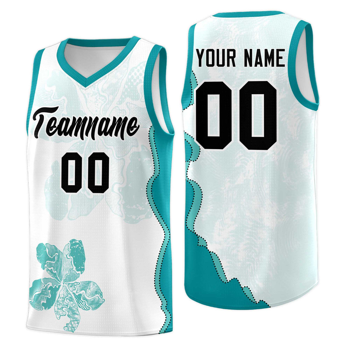 Custom White Teal Basketball Jersey - Illusion Flower Graffiti Lightweight Fabric