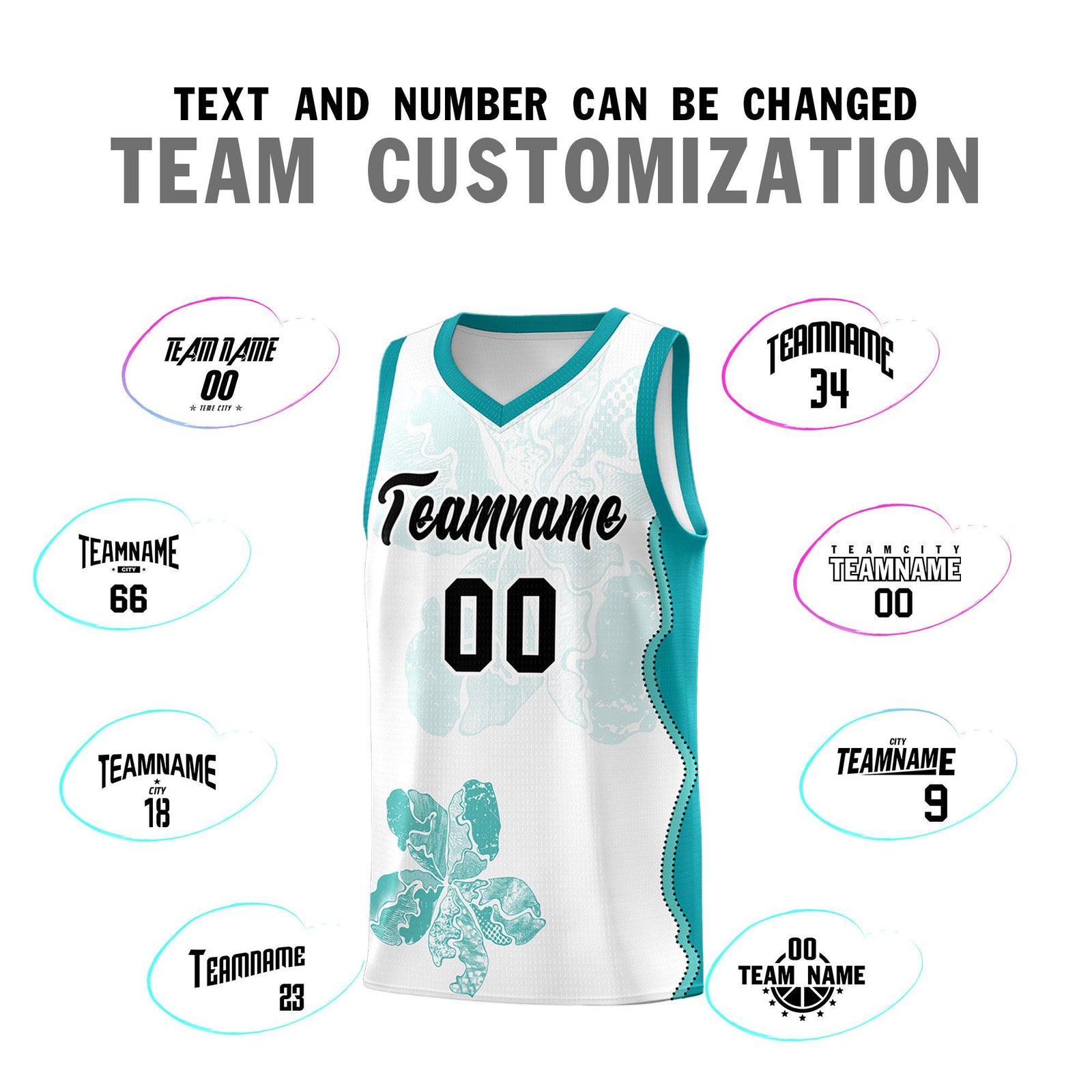 Custom White Teal Basketball Jersey - Illusion Flower Graffiti Lightweight Fabric