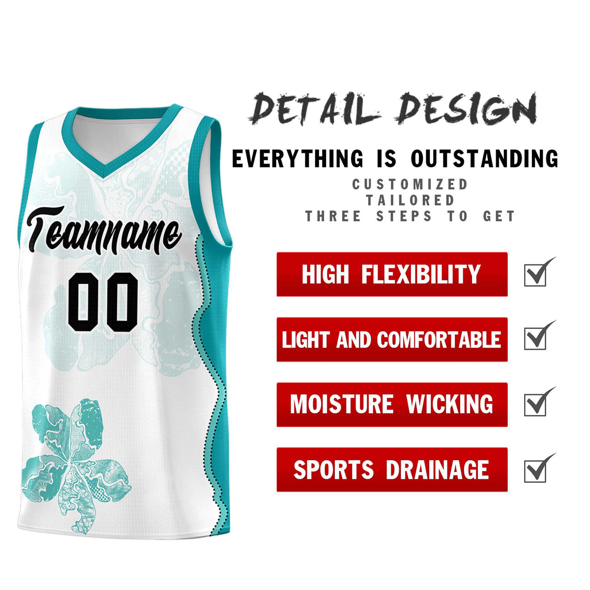 Custom White Teal Basketball Jersey - Illusion Flower Graffiti Lightweight Fabric