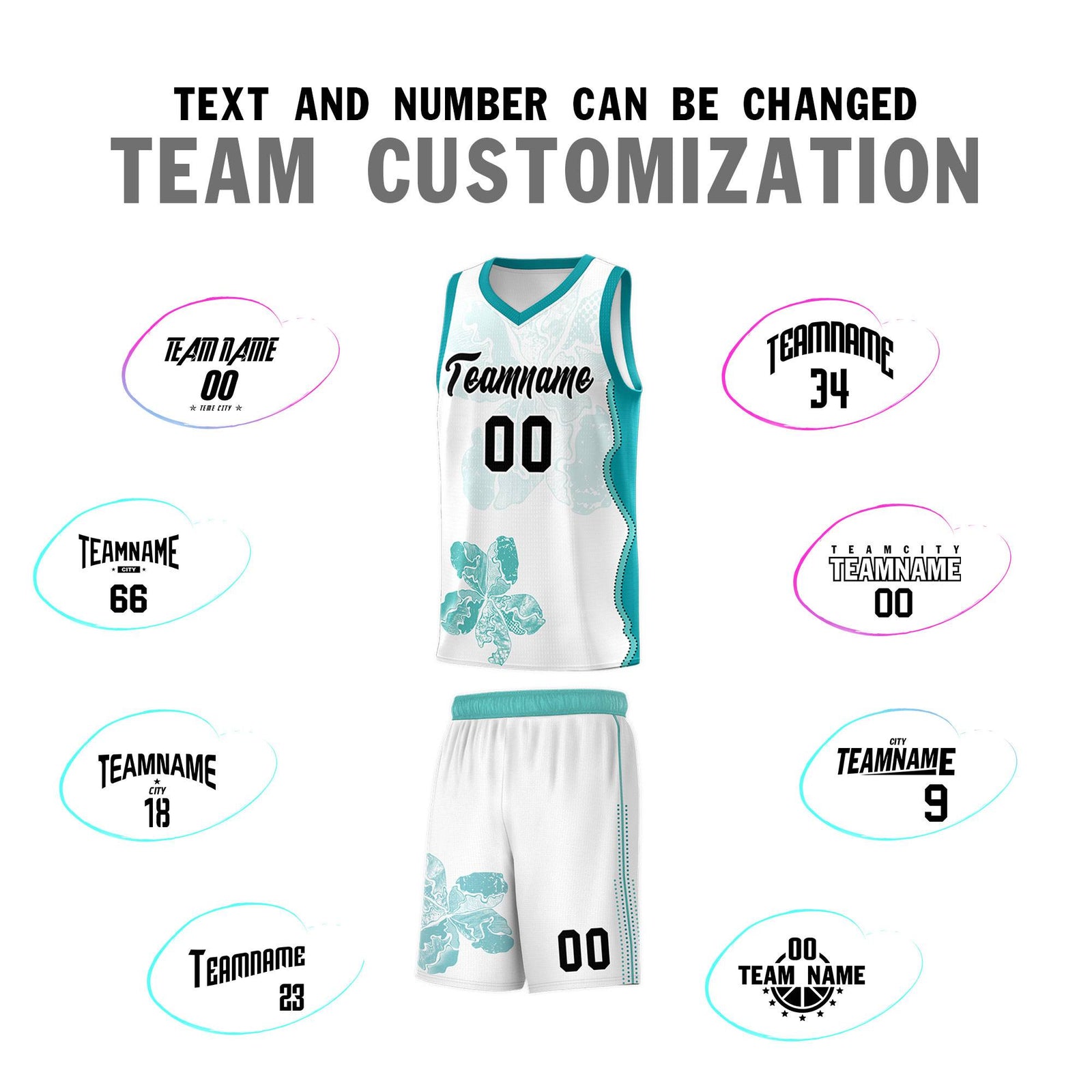 Custom White Teal Basketball Jersey - Illusion Flower Graffiti Lightweight Fabric