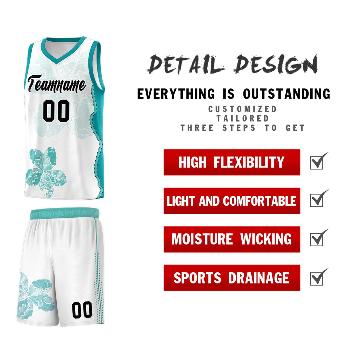 Custom White Teal Basketball Jersey - Illusion Flower Graffiti Lightweight Fabric