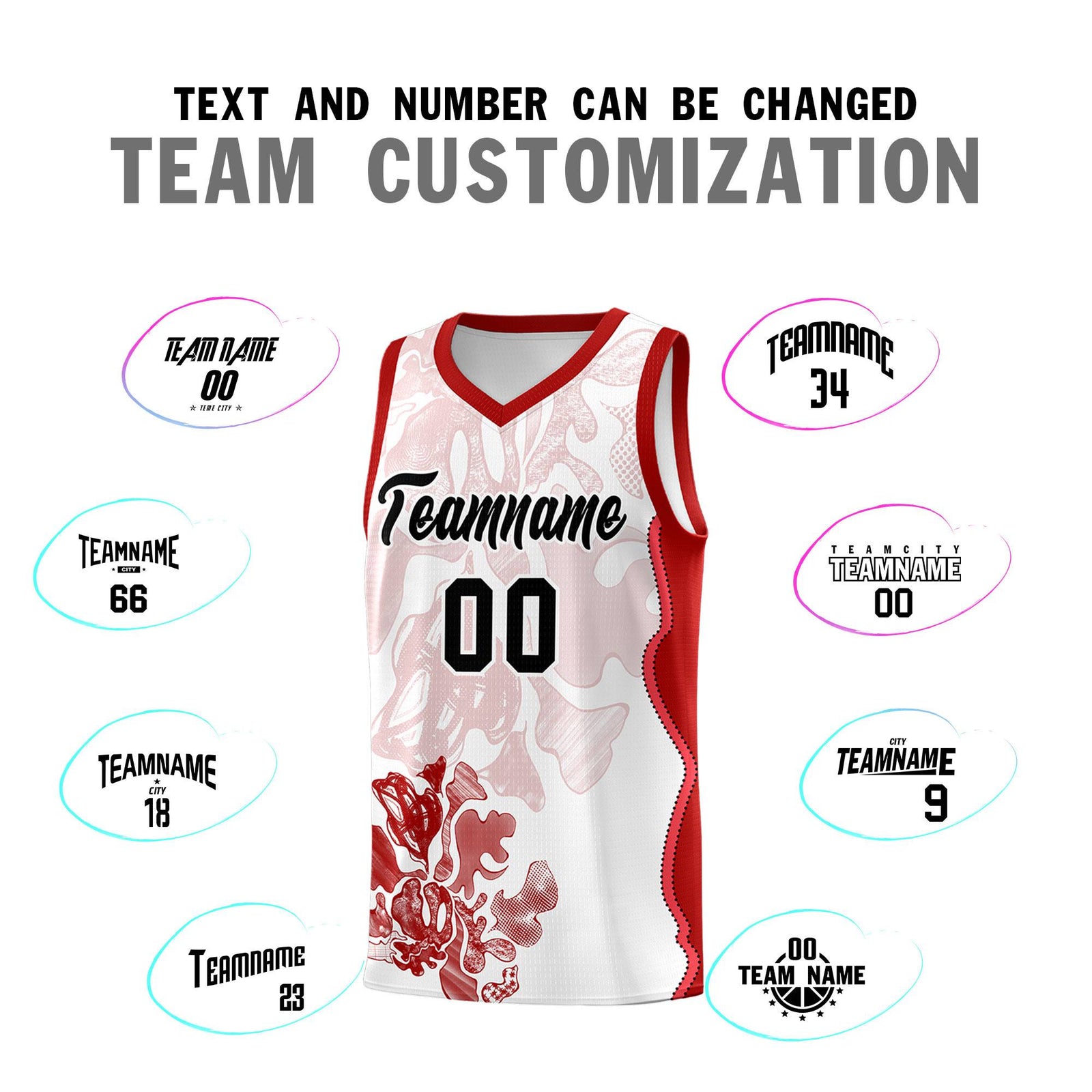 Custom White Red Basketball Jersey - Illusion Flower Graffiti Stretchy Fabric