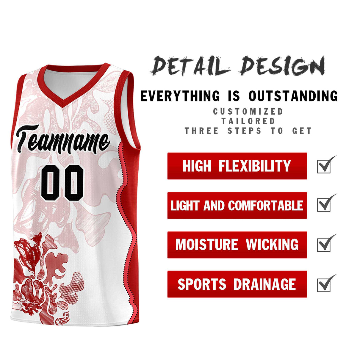 Custom White Red Basketball Jersey - Illusion Flower Graffiti Stretchy Fabric