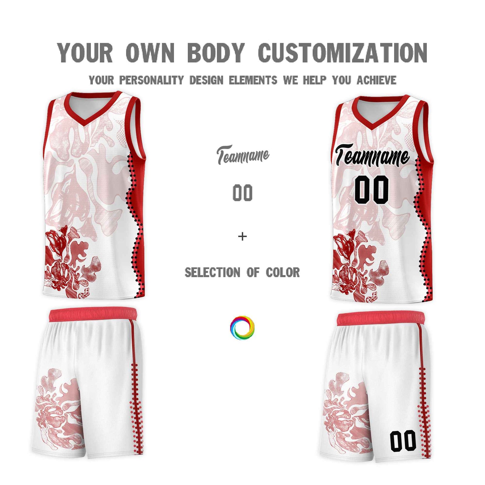 Custom White Red Basketball Jersey - Illusion Flower Graffiti Stretchy Fabric