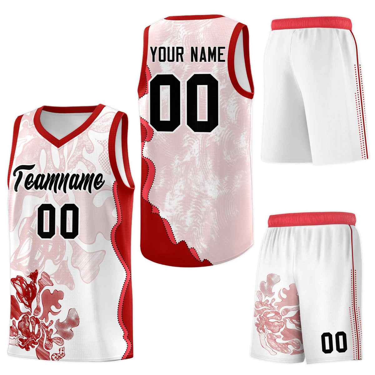 Custom White Red Basketball Jersey - Illusion Flower Graffiti Drapable