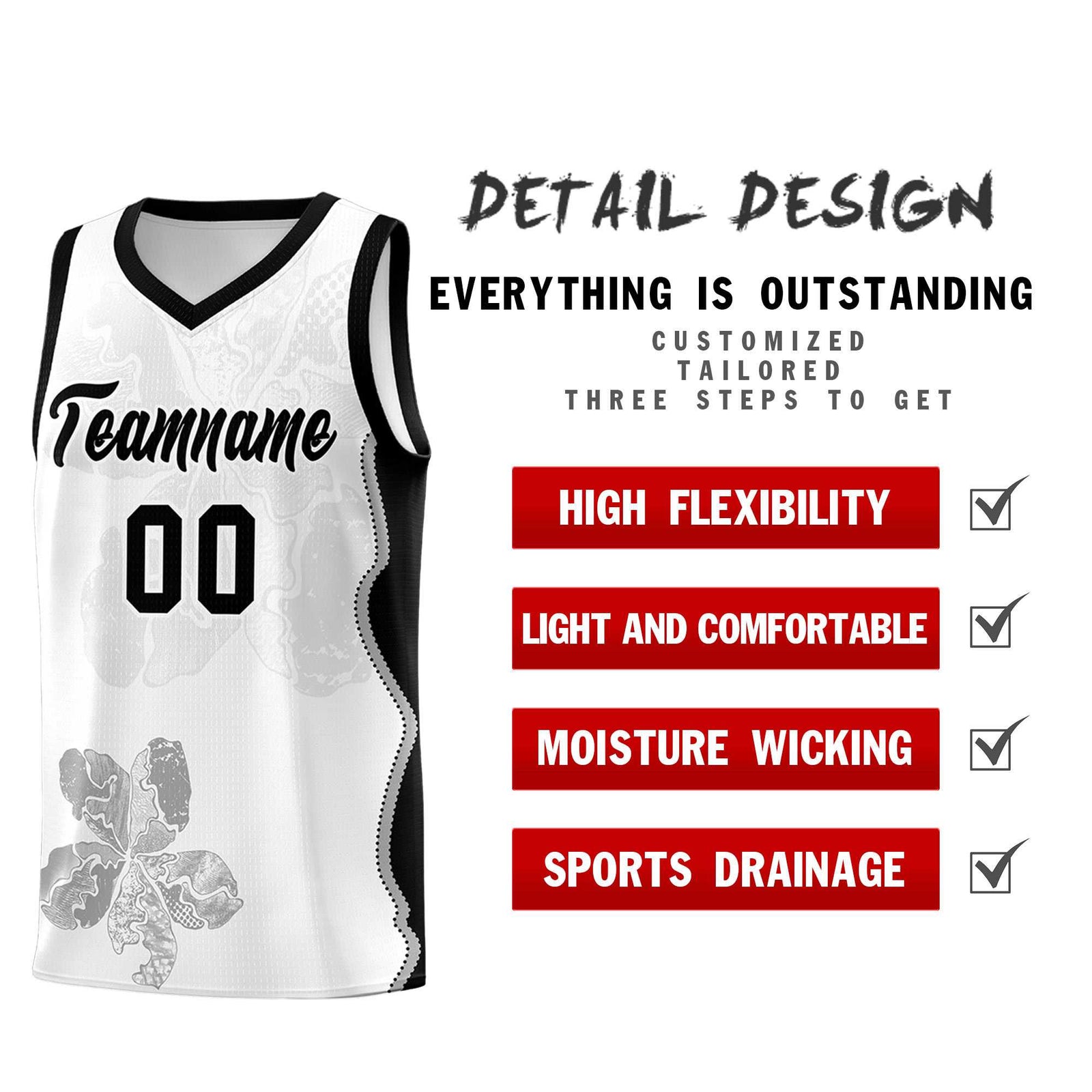 Custom White Black Basketball Jersey - Illusion Flower Graffiti Stylish Fabric