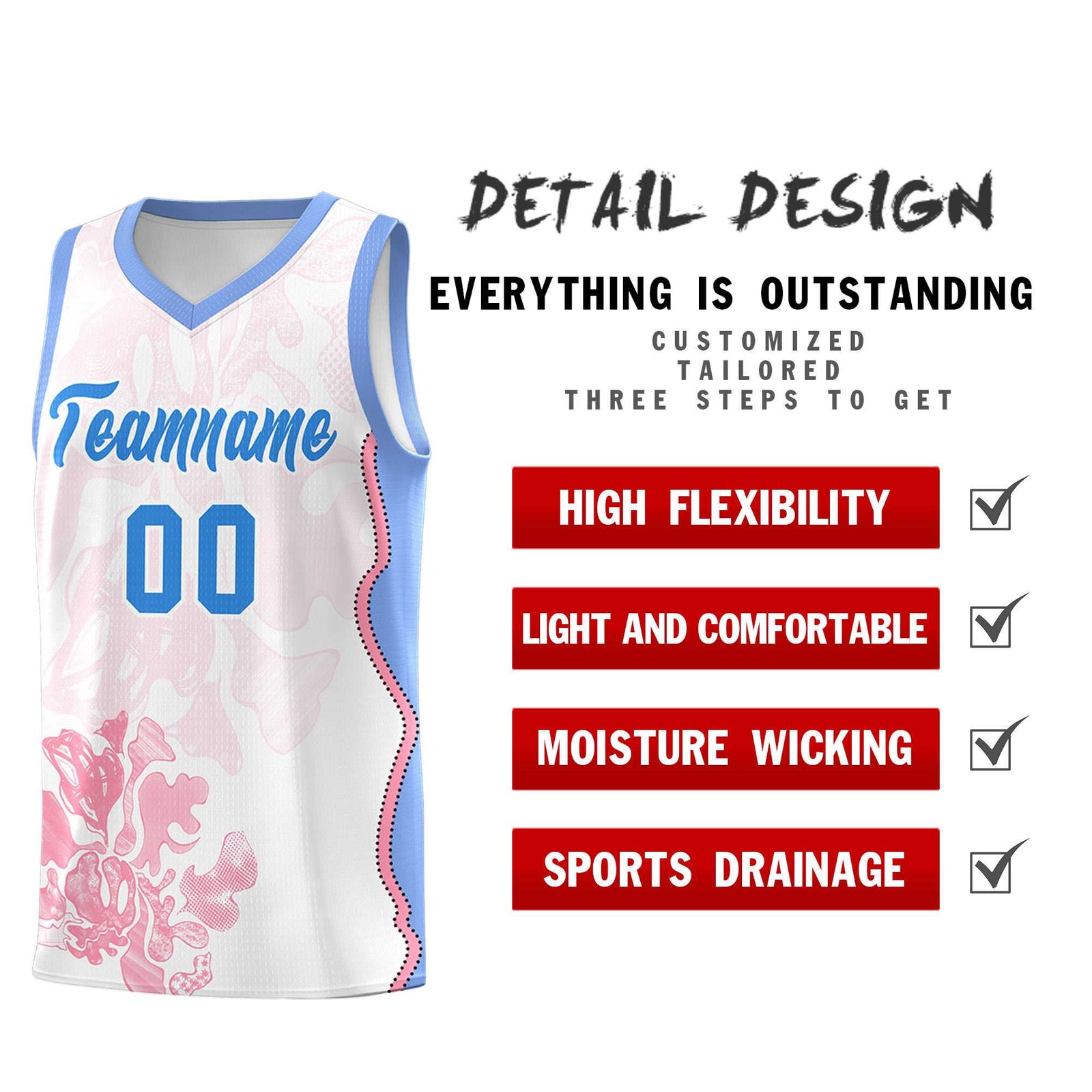 Custom White Light Blue Basketball Jersey - Illusion Flower Graffiti Durable Fabric