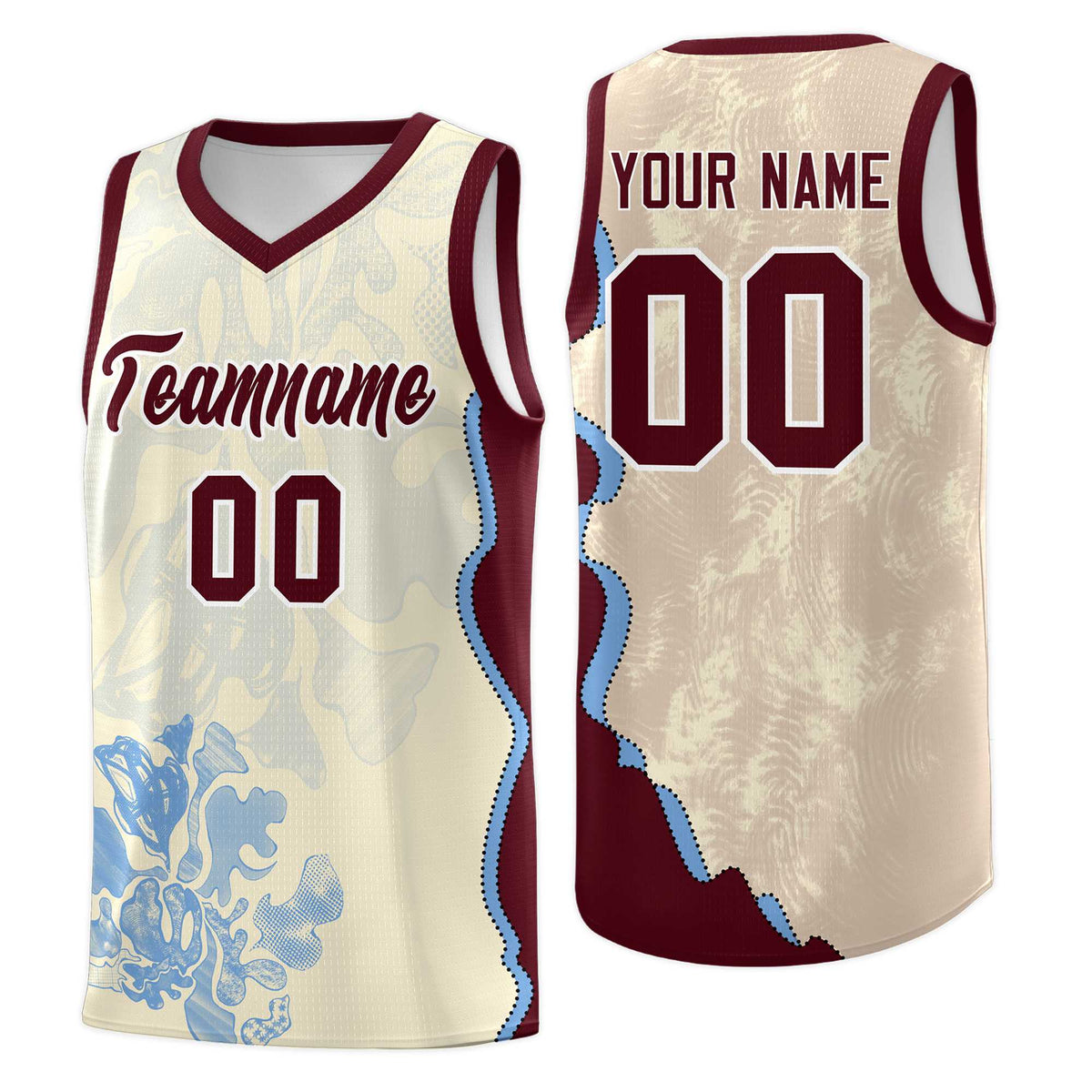 Custom Cream Burgundy Basketball Jersey - Illusion Flower Graffiti Lightweight Fabric