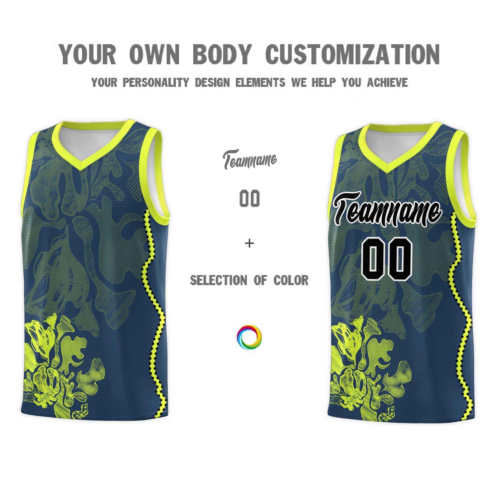 Custom Midnight Blue Fluorescent Green Basketball Jersey - Illusion Flower Graffiti Stylish Fabric