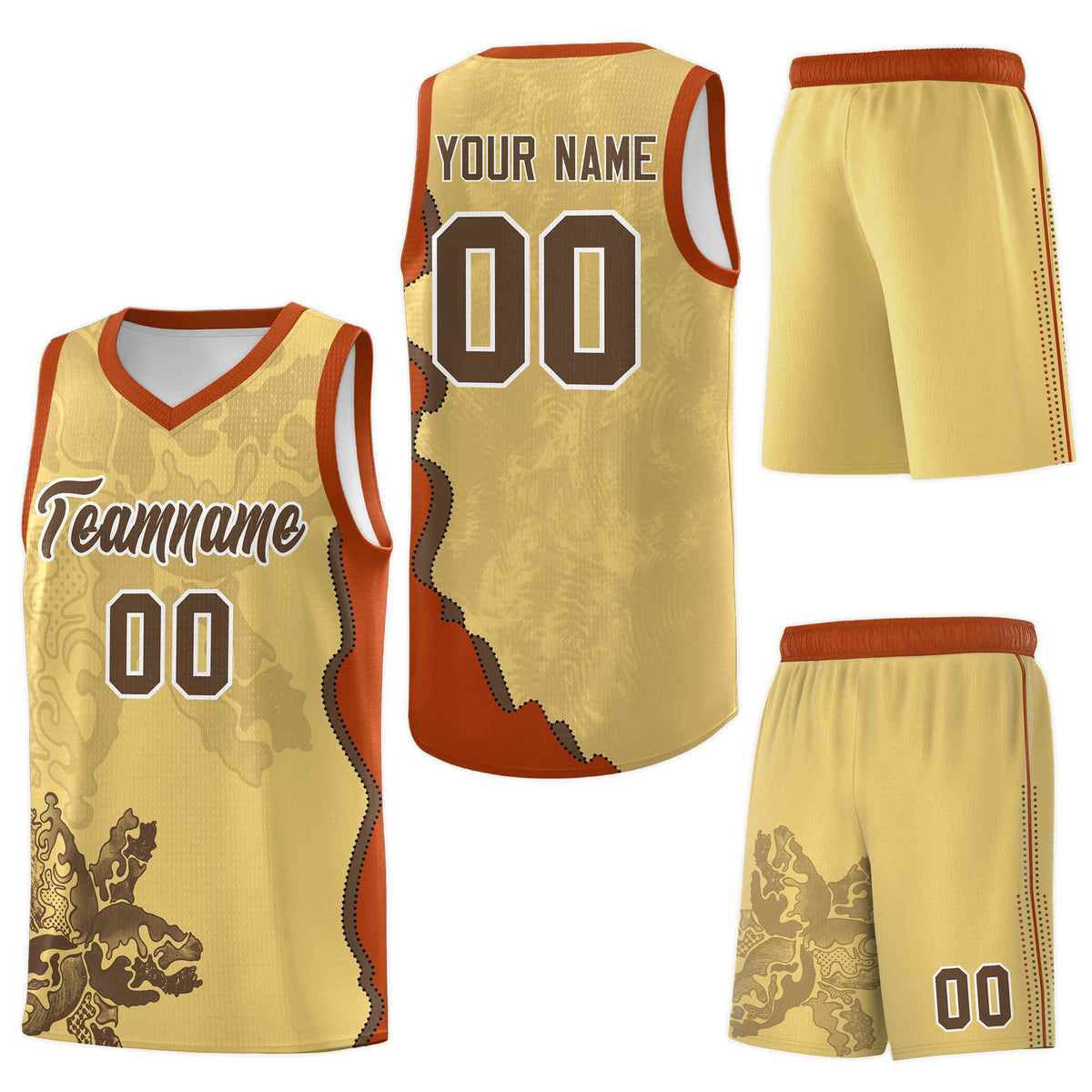Custom Khaki Dark Orange Basketball Jersey - Illusion Flower Graffiti Breathable