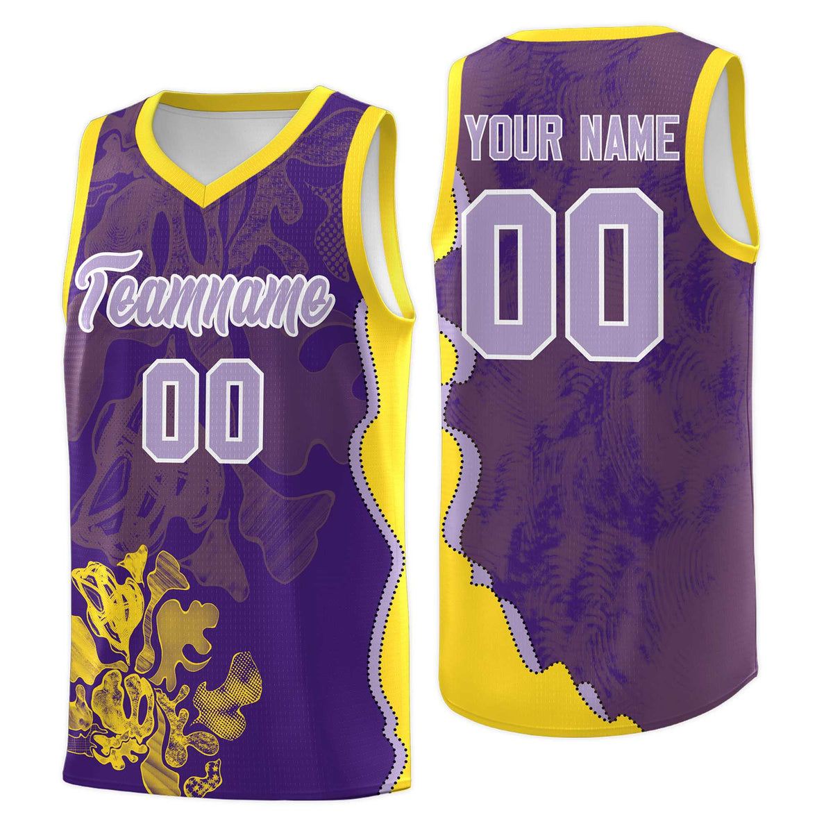 Custom Purple Gold Basketball Jersey - Illusion Flower Graffiti Breathable mesh Fabric