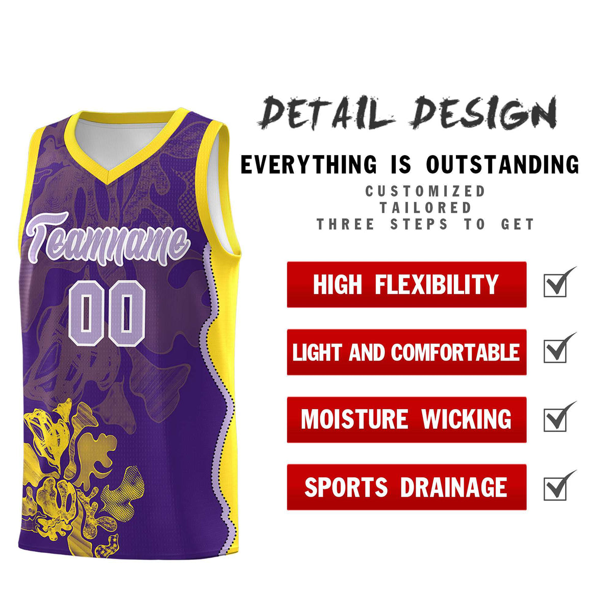 Custom Purple Gold Basketball Jersey - Illusion Flower Graffiti Breathable mesh Fabric