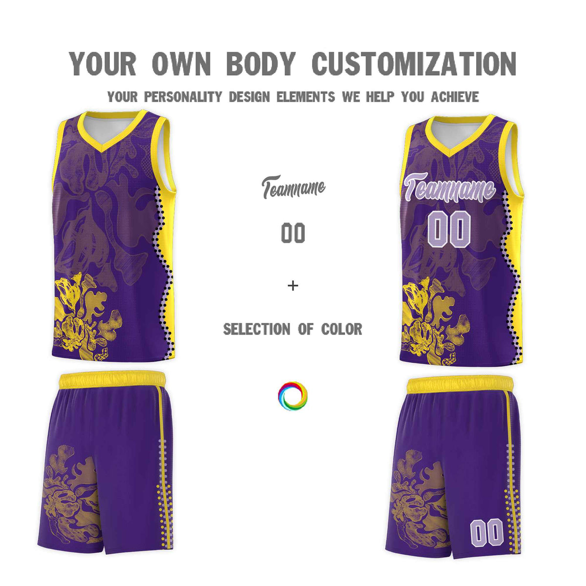 Custom Purple Gold Basketball Jersey - Illusion Flower Graffiti Breathable mesh Fabric