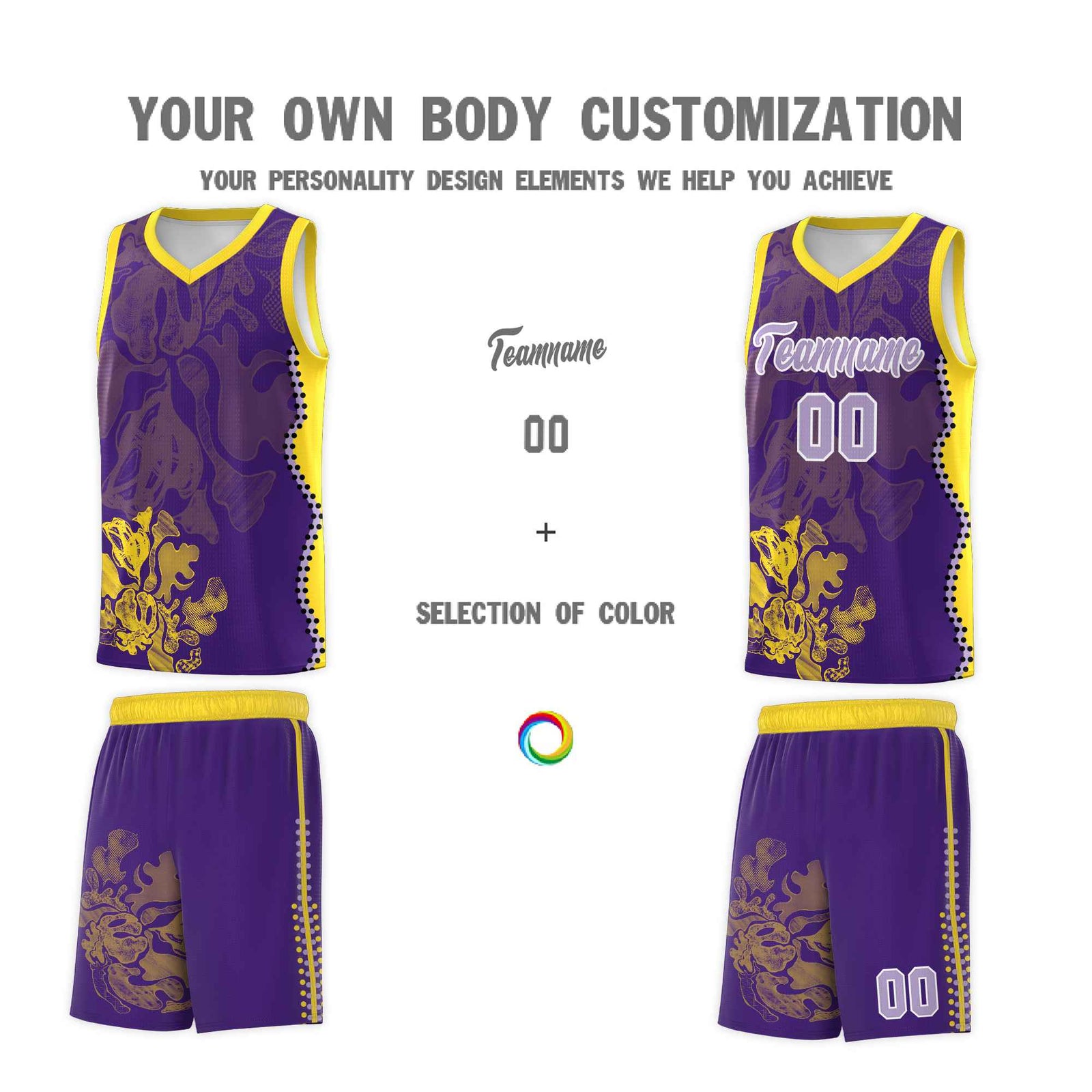 Custom Purple Gold Basketball Jersey - Illusion Flower Graffiti Breathable mesh Fabric