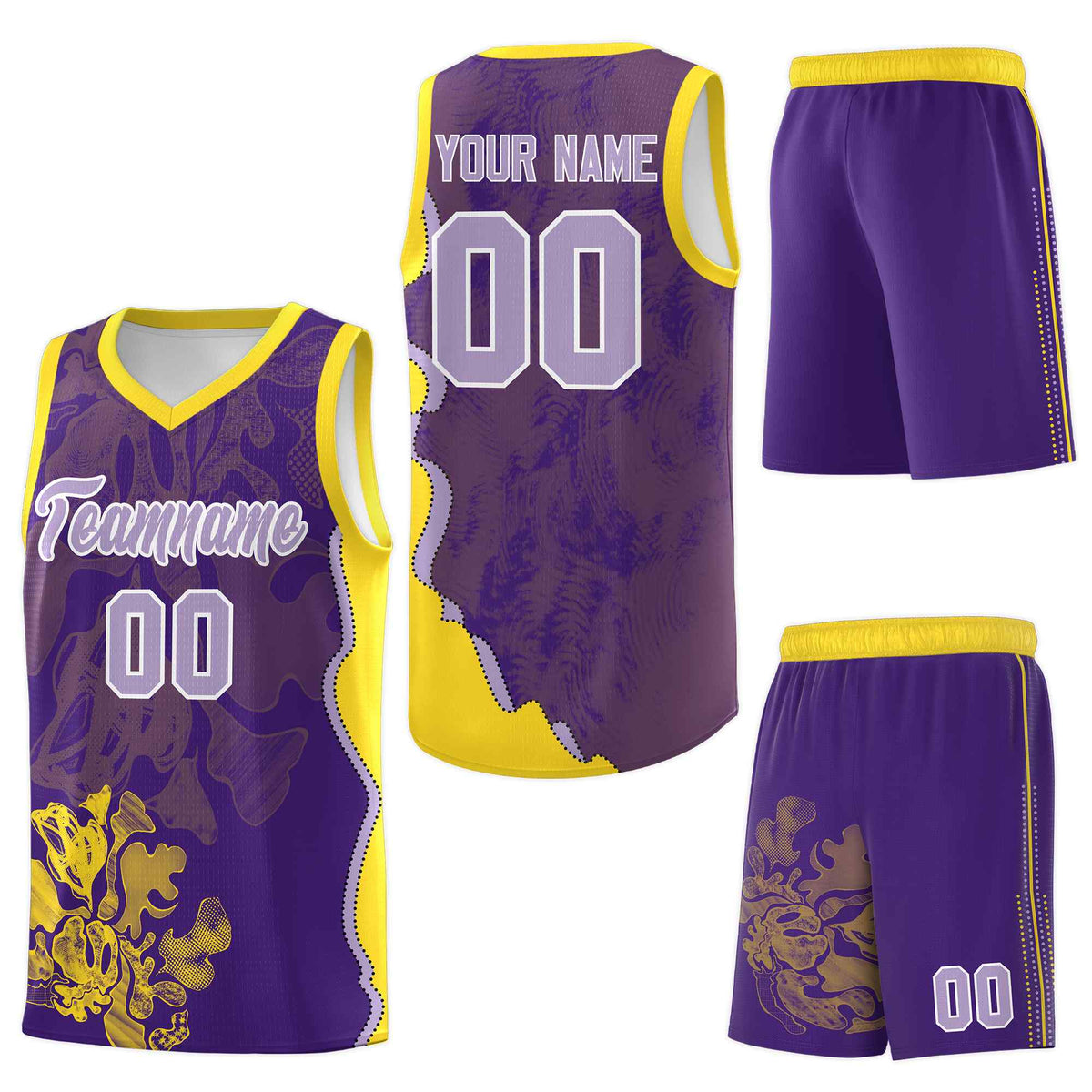 Custom Purple Gold Basketball Jersey - Illusion Flower Graffiti Quick-Drying