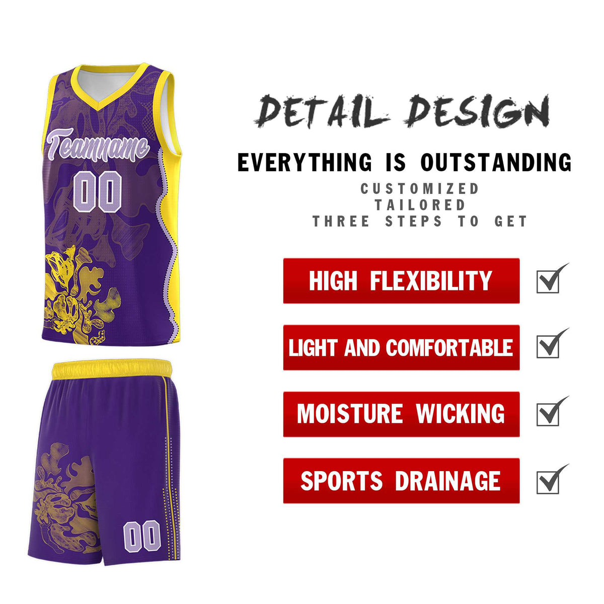 Custom Purple Gold Basketball Jersey - Illusion Flower Graffiti Breathable mesh Fabric