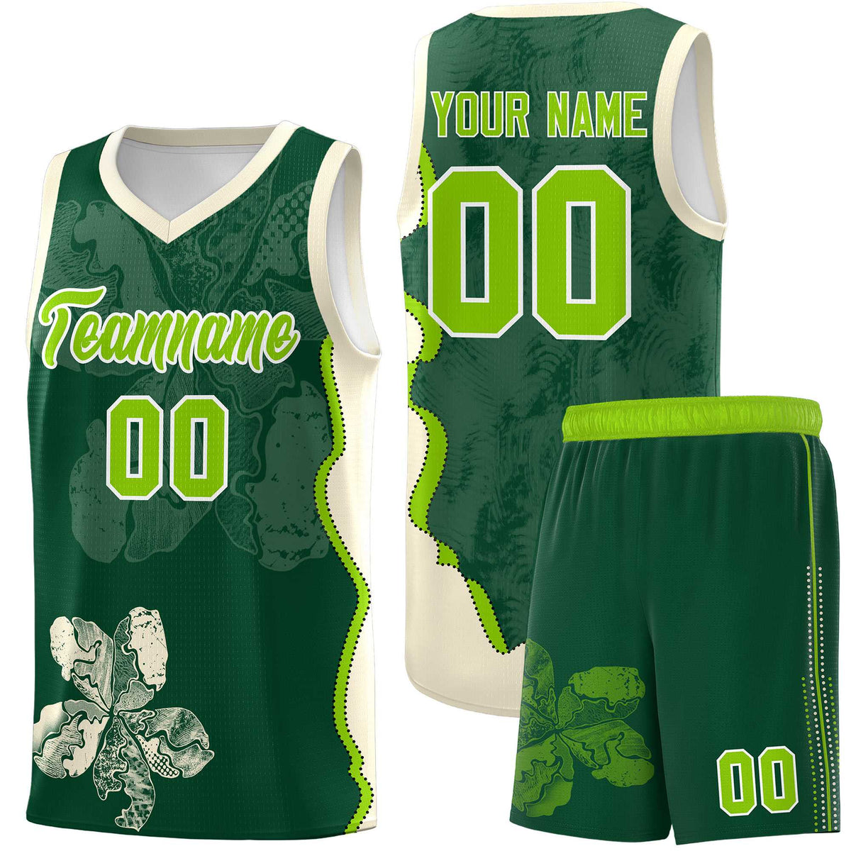 Custom Green Cream Basketball Jersey - Illusion Flower Graffiti Breathable Fabric