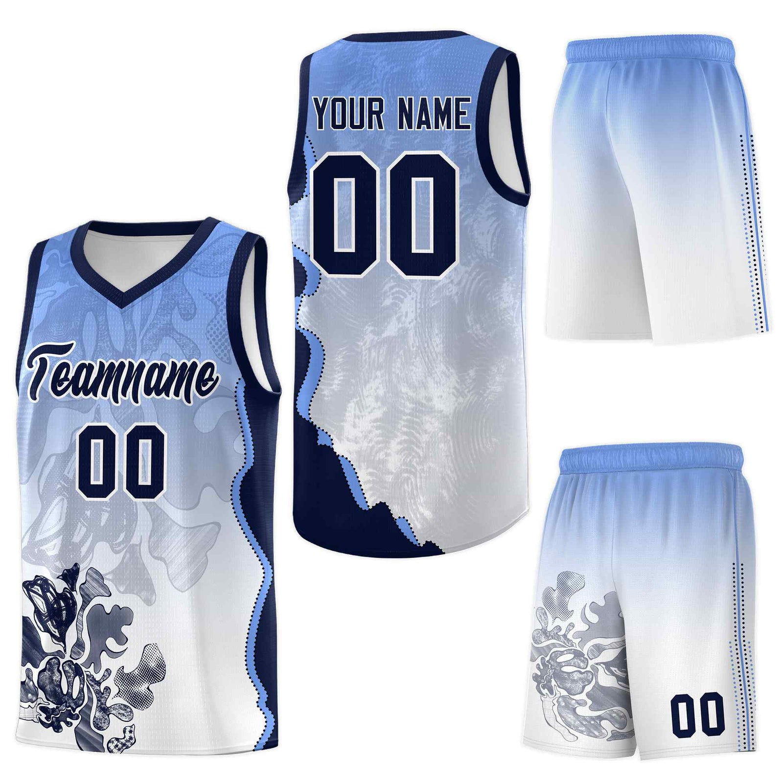 Custom White Navy Basketball Jersey - Illusion Flower Gradient Stretch Fabric