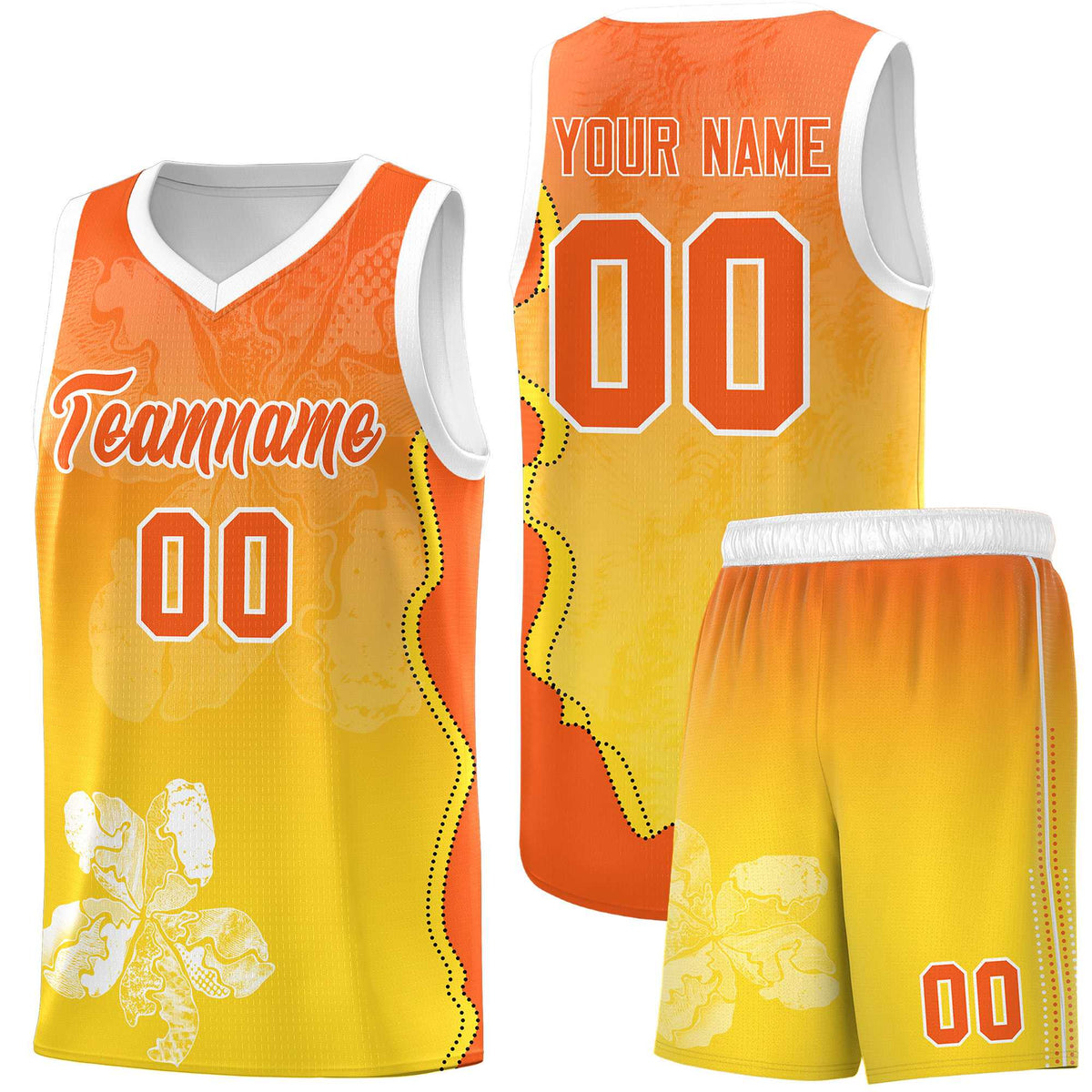 Custom Gold Orange Basketball Jersey - Illusion Flower Gradient Unique Fabric