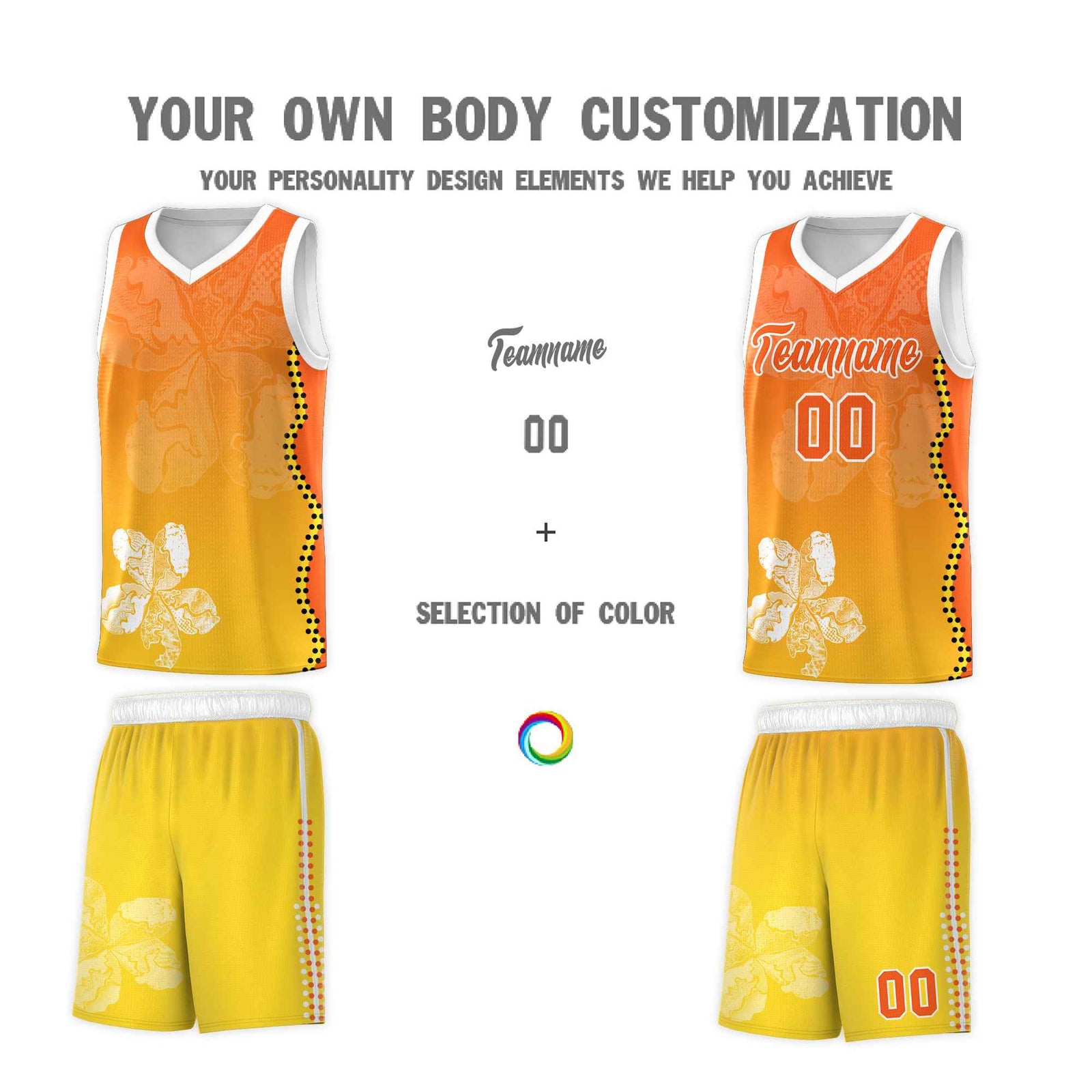 Custom Gold Orange Basketball Jersey - Illusion Flower Gradient Unique Fabric