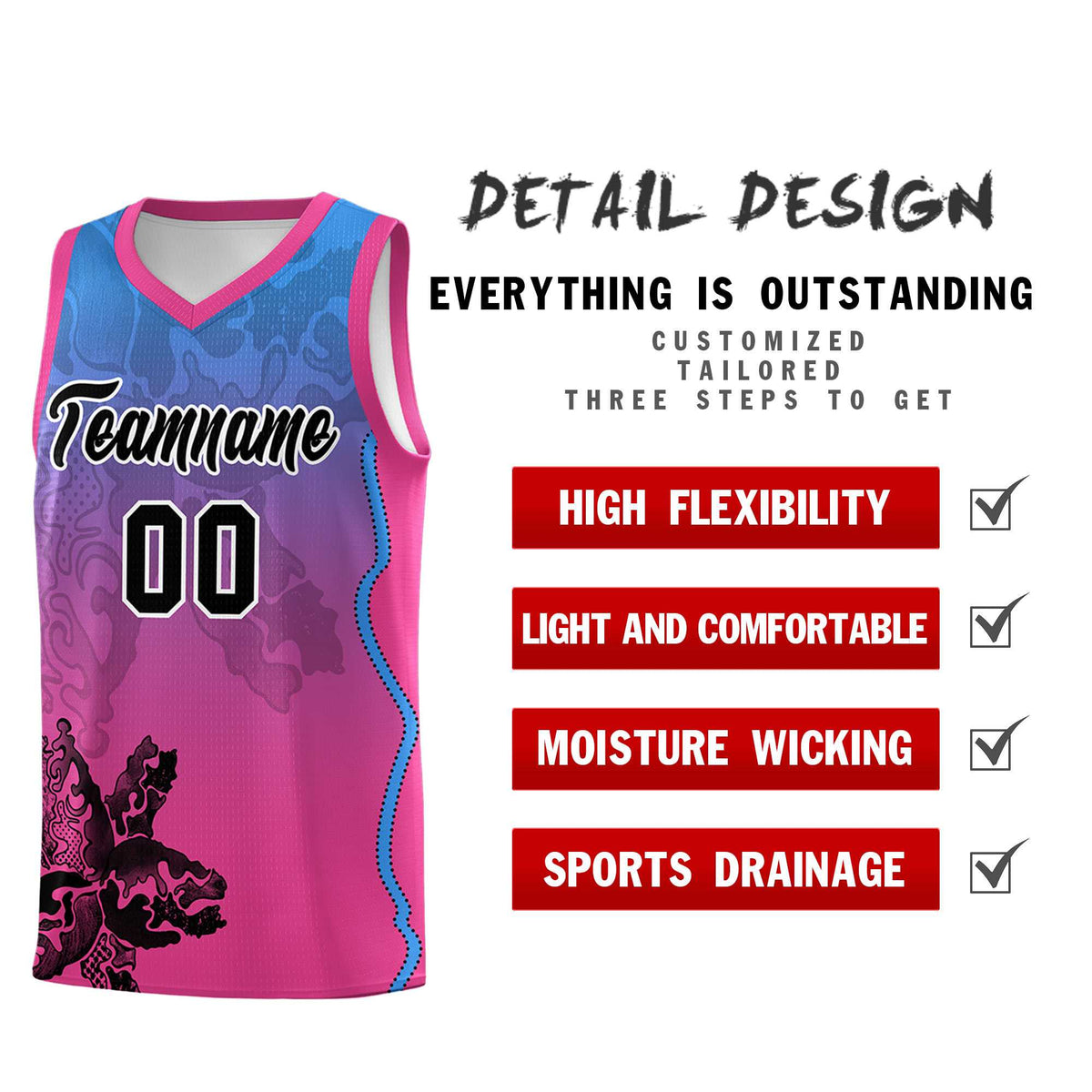 Custom Pink Light Blue Basketball Jersey - Illusion Flower Gradient Breathable mesh Fabric