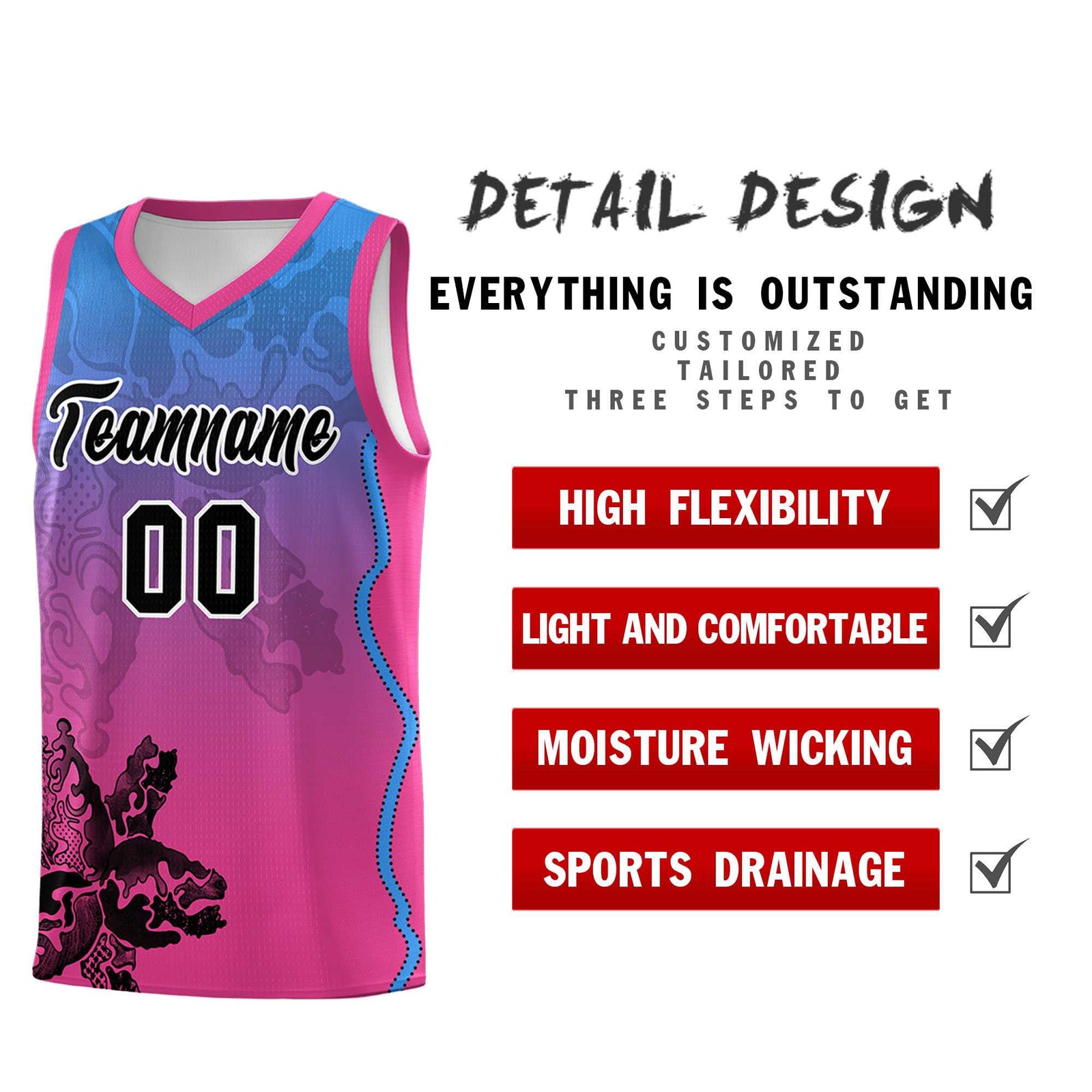 Custom Pink Light Blue Basketball Jersey - Illusion Flower Gradient Breathable mesh Fabric