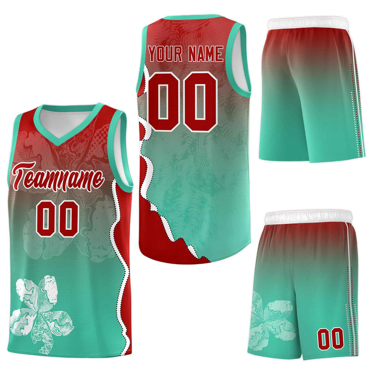 Custom Bright Green Red Basketball Jersey - Illusion Flower Gradient Stretch Fabric