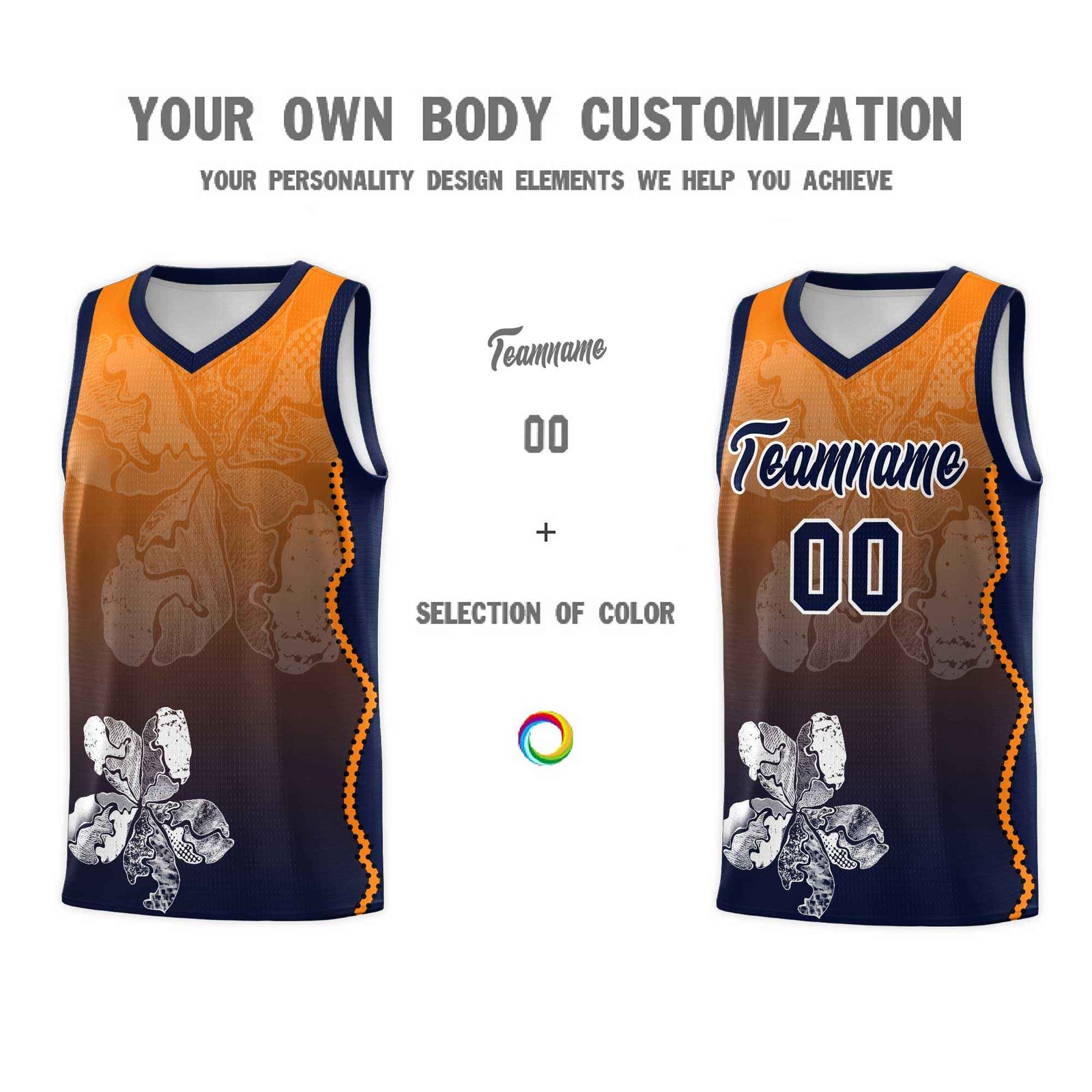 Custom Navy Orange Basketball Jersey - Illusion Flower Gradient Lightweight Fabric
