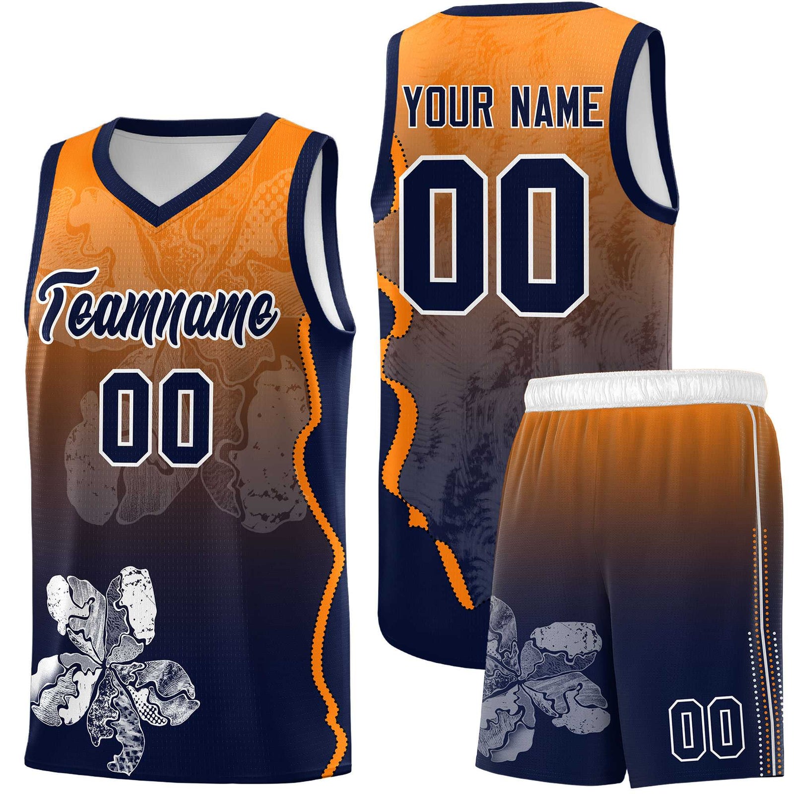 Custom Navy Orange Basketball Jersey - Illusion Flower Gradient Lightweight Fabric
